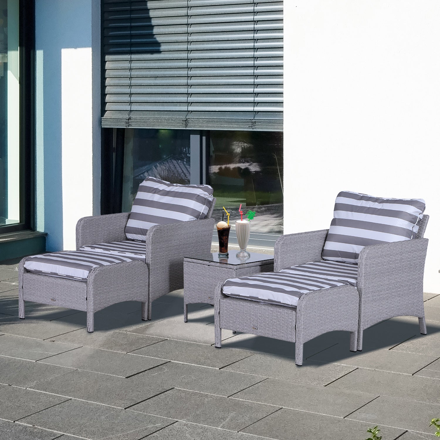 Outsunny 5 Pieces PE Rattan Garden Furniture Set with 10cm Thick Padded Cushions, Wicker Weave Outdoor Seating Chairs with 2 Armchairs, 2 Stools, Glass Top Table, Grey and White