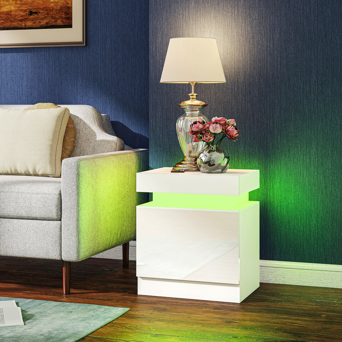 HOMCOM White Bedside Table with LED Light, High Gloss Front Nightstand with 2 Drawers, for Living Room, Bedroom, Set of 2