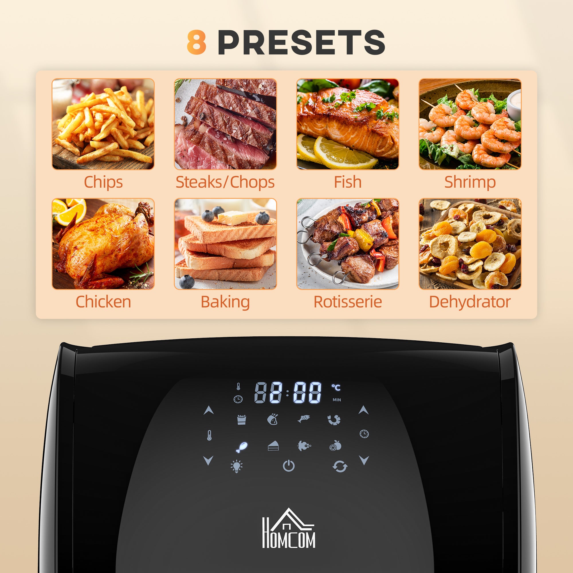HOMCOM 12L 8 in 1 Digital Air Fryer Oven with Roast, Bake, Dehydrate, 8 Preset Modes, Rapid Air Circulation, Timer, Inner Light, Memory Function, 1800W, Dish Wash Accessory, Black - North Peak Garden Furniture