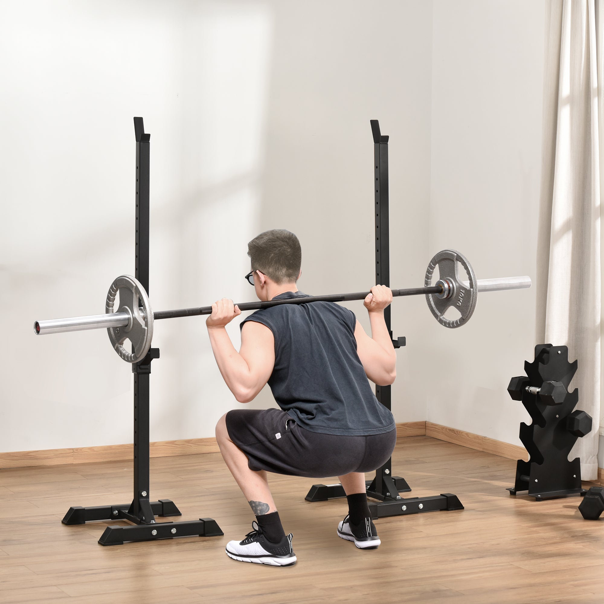 HOMCOM Adjustable Squat Rack, Weight Strength Training Bench Press Rack Barbell Rack Power Rack Weight Bench Supporter for Home Gym Exercise, Max Load 150kg, 124-154cm - North Peak Garden Furniture