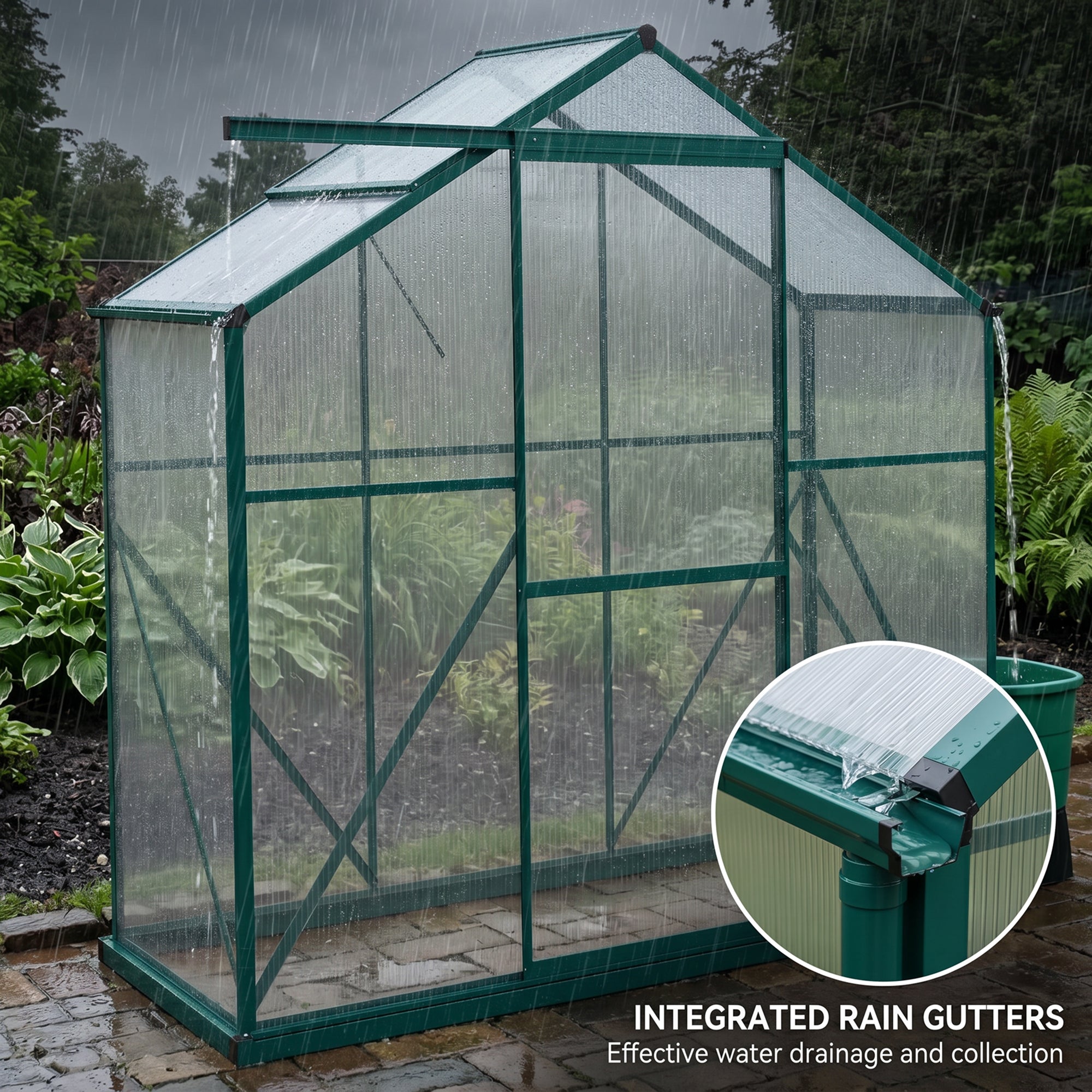 Outsunny 6 x 2.5ft Polycarbonate Greenhouse Walk-In Green House with Rain Gutter, Sliding Door, Window, Foundation, Green