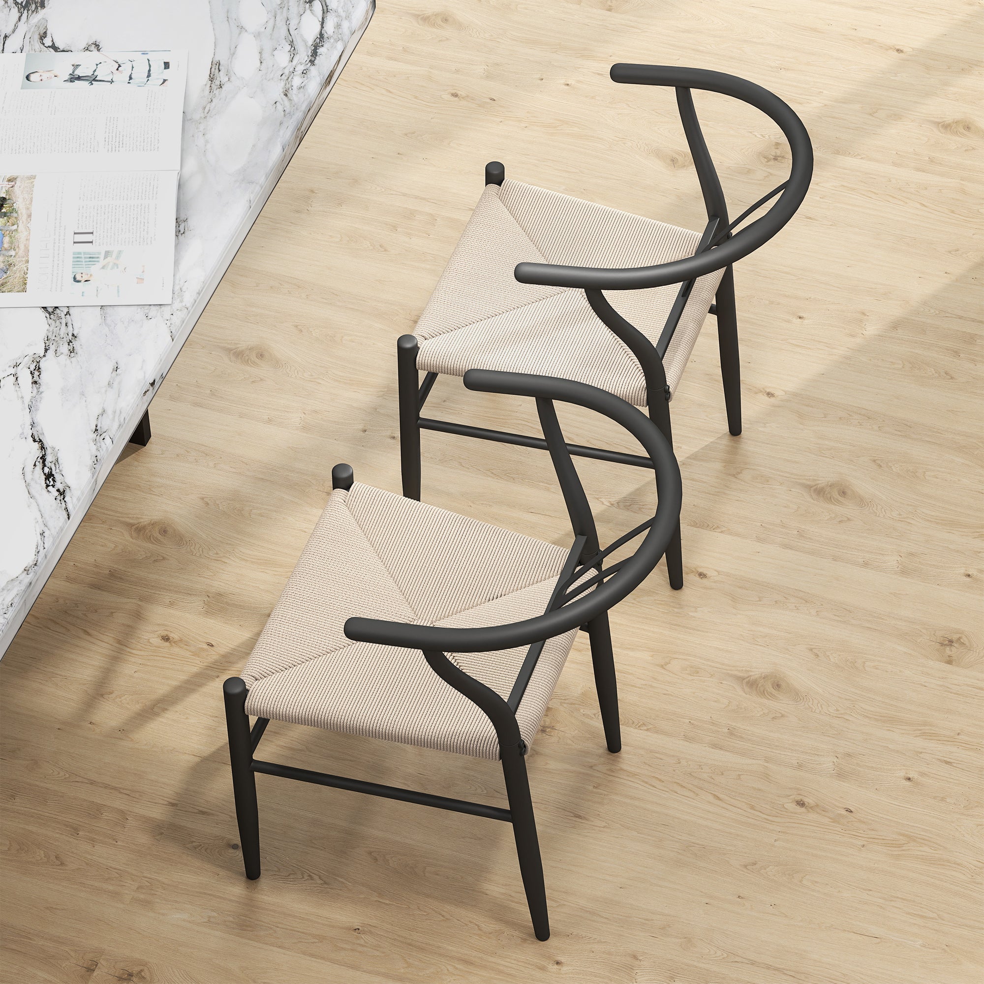 HOMCOM Set of Two Weave Dining Chairs with Y-Shaped Backrest Hemp Seat - Black/Beige