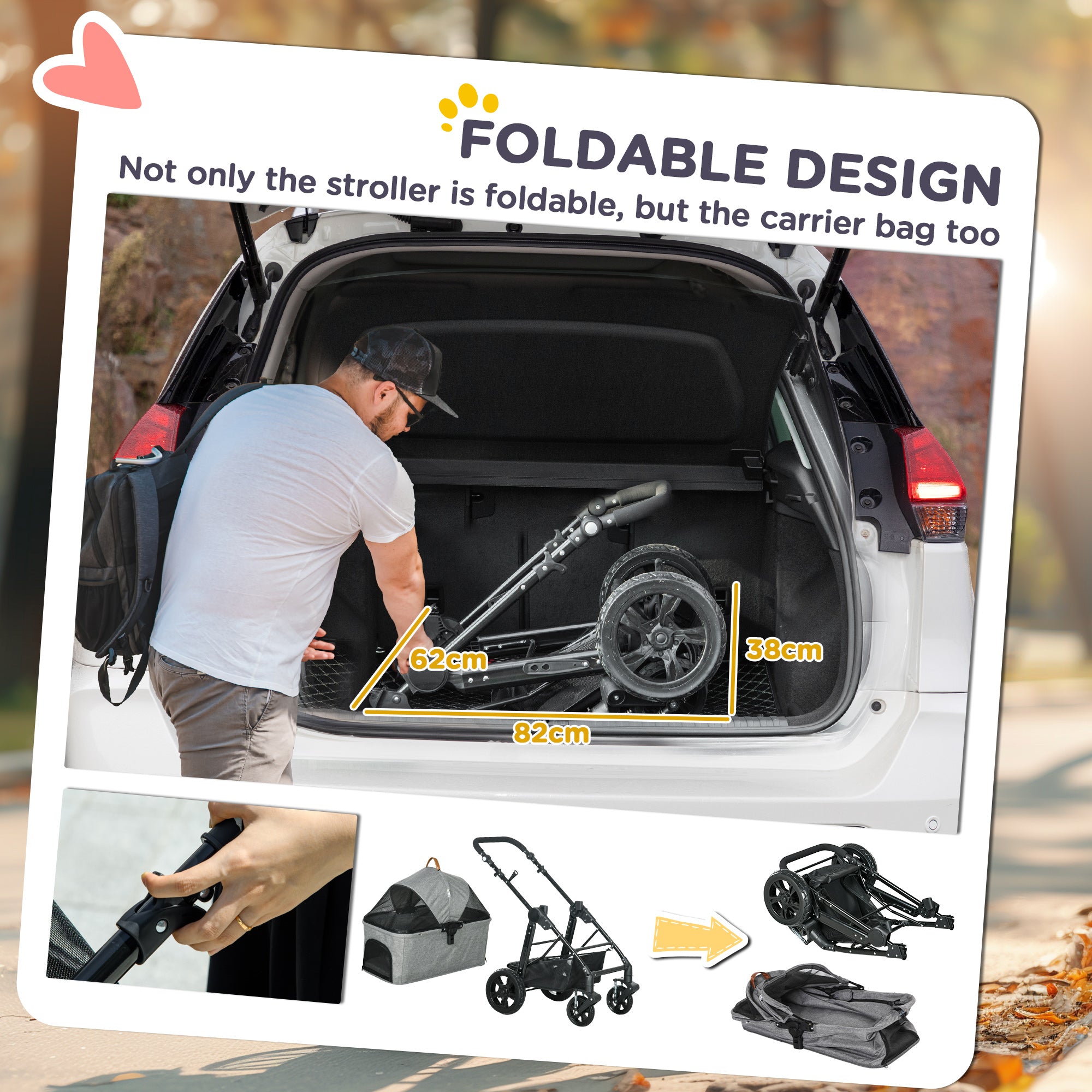 PawHut Dog Pram Pet Stroller for Small Dogs Cats, Foldable Dog Pushchair Trolley with Detachable Pet Carrier Bag, Shock Absorber, Adjustable Handlebar, Grey - North Peak Garden Furniture