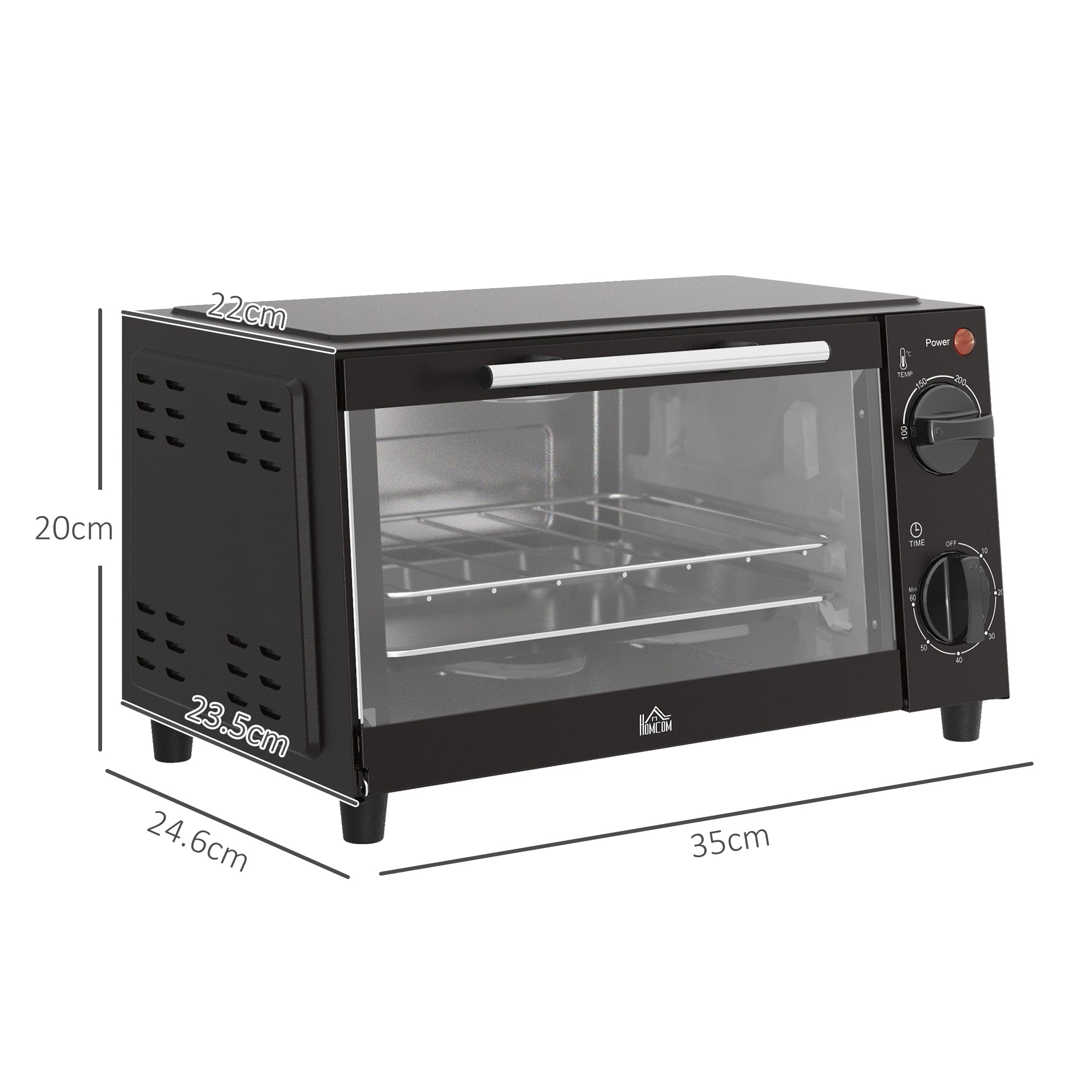 HOMCOM Mini Oven, 9L Countertop Electric Grill, Toaster Oven with Adjustable Temperature, Timer, Dishwasher Safe Baking Tray and Wire Rack, 750W, Black - North Peak Garden Furniture
