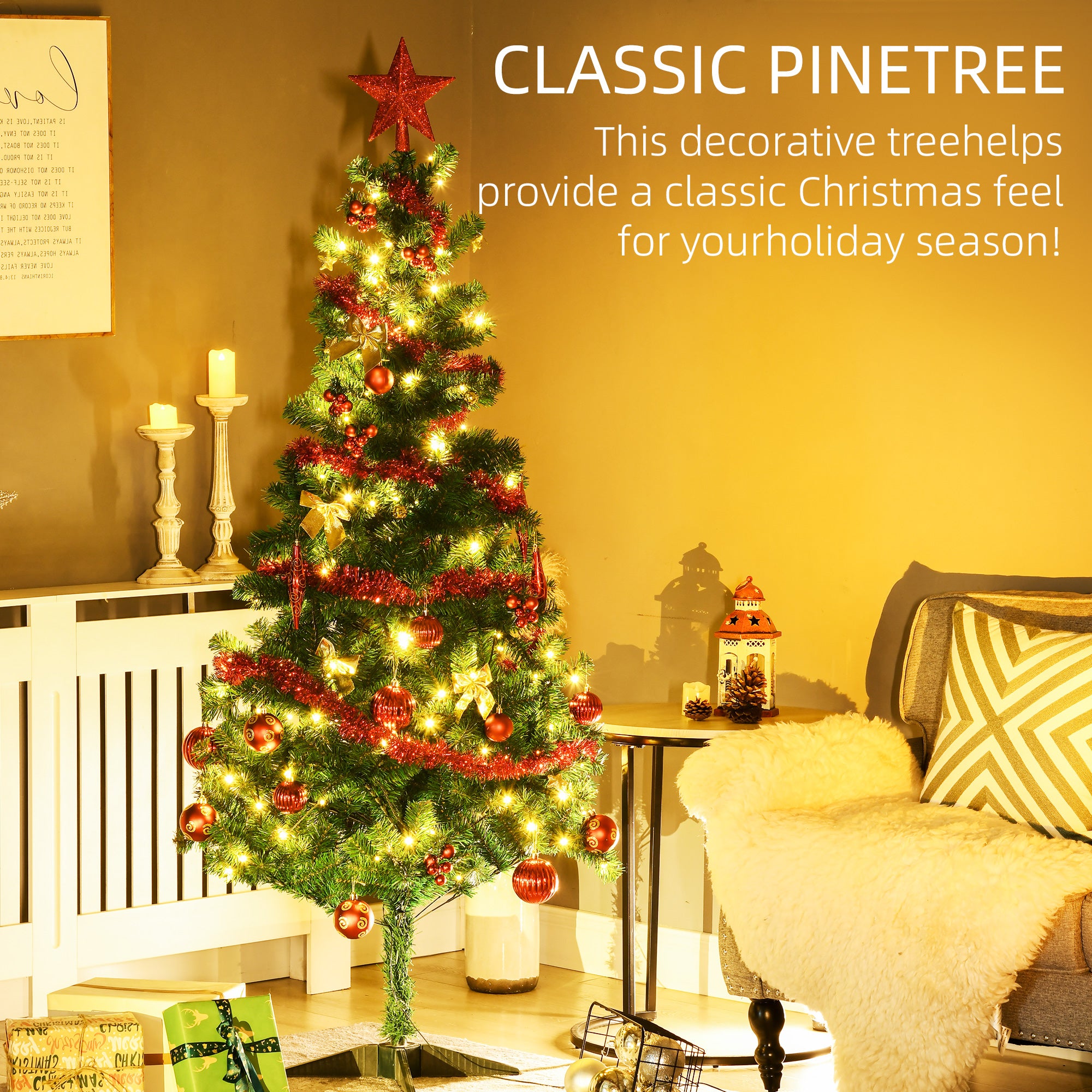 HOMCOM 6' Artificial Prelit Christmas Trees Holiday Décor with Warm White LED Lights, Auto Open, Tinsel, Ball, Star - North Peak Garden Furniture