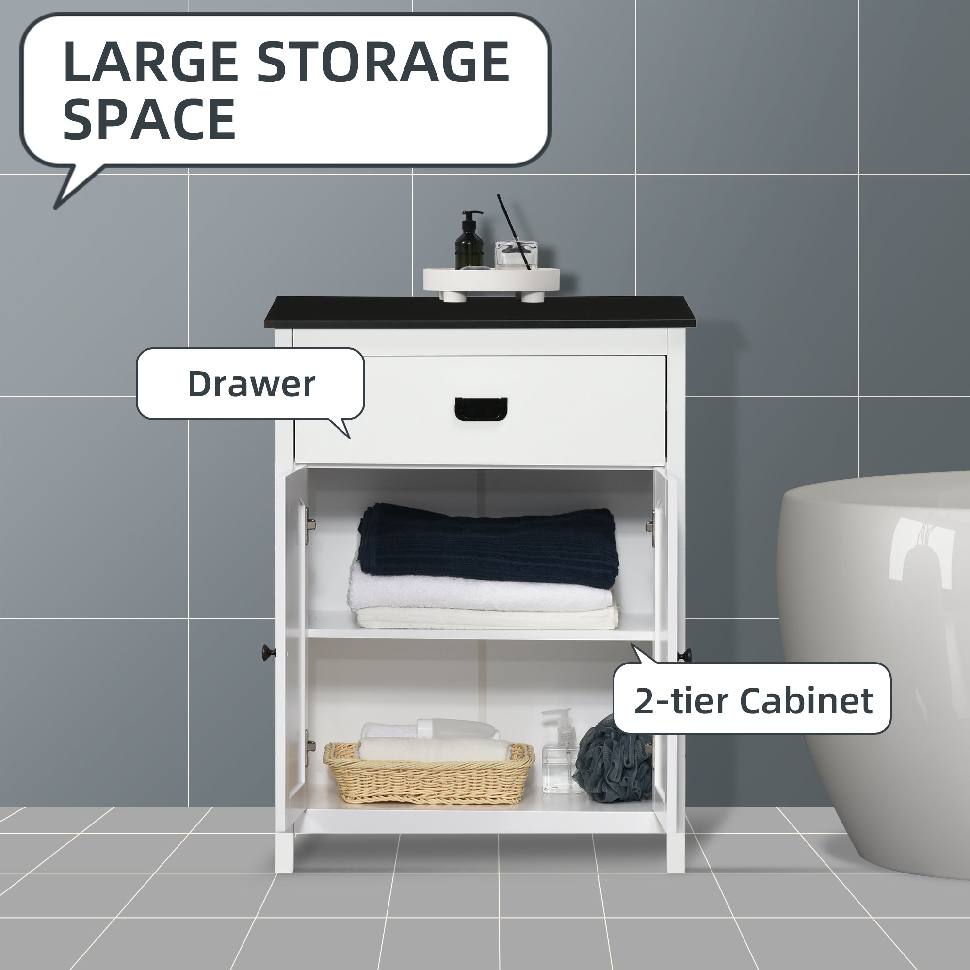 kleankin Bathroom Cabinet, Bathroom Storage Unit with Drawer, Double Door Cabinet, Adjustable Shelf for Living Room, White - North Peak Garden Furniture