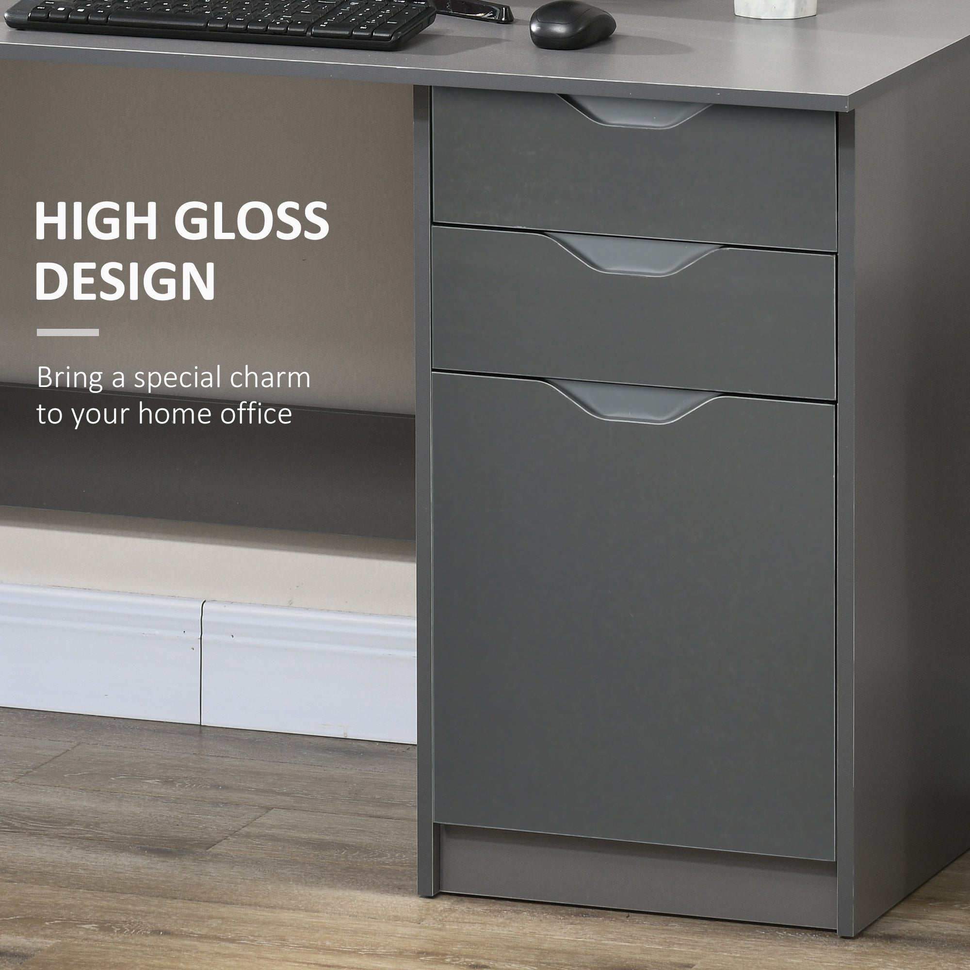 HOMCOM Computer Desk with Drawers, High Gloss Home Office Desk with Storage Cabinet, Study Workstation, 120 x 60cm, Grey - North Peak Garden Furniture