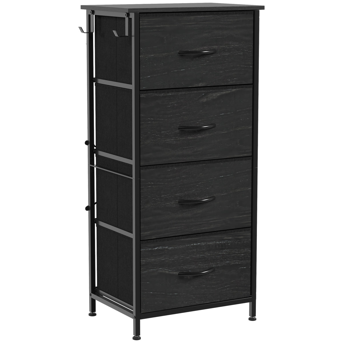 HOMCOM Chest of Drawers, Dresser with 4 Fabric Drawers, Tall Storage Unit with 4 Pockets and 2 Hooks, Steel Frame, Black