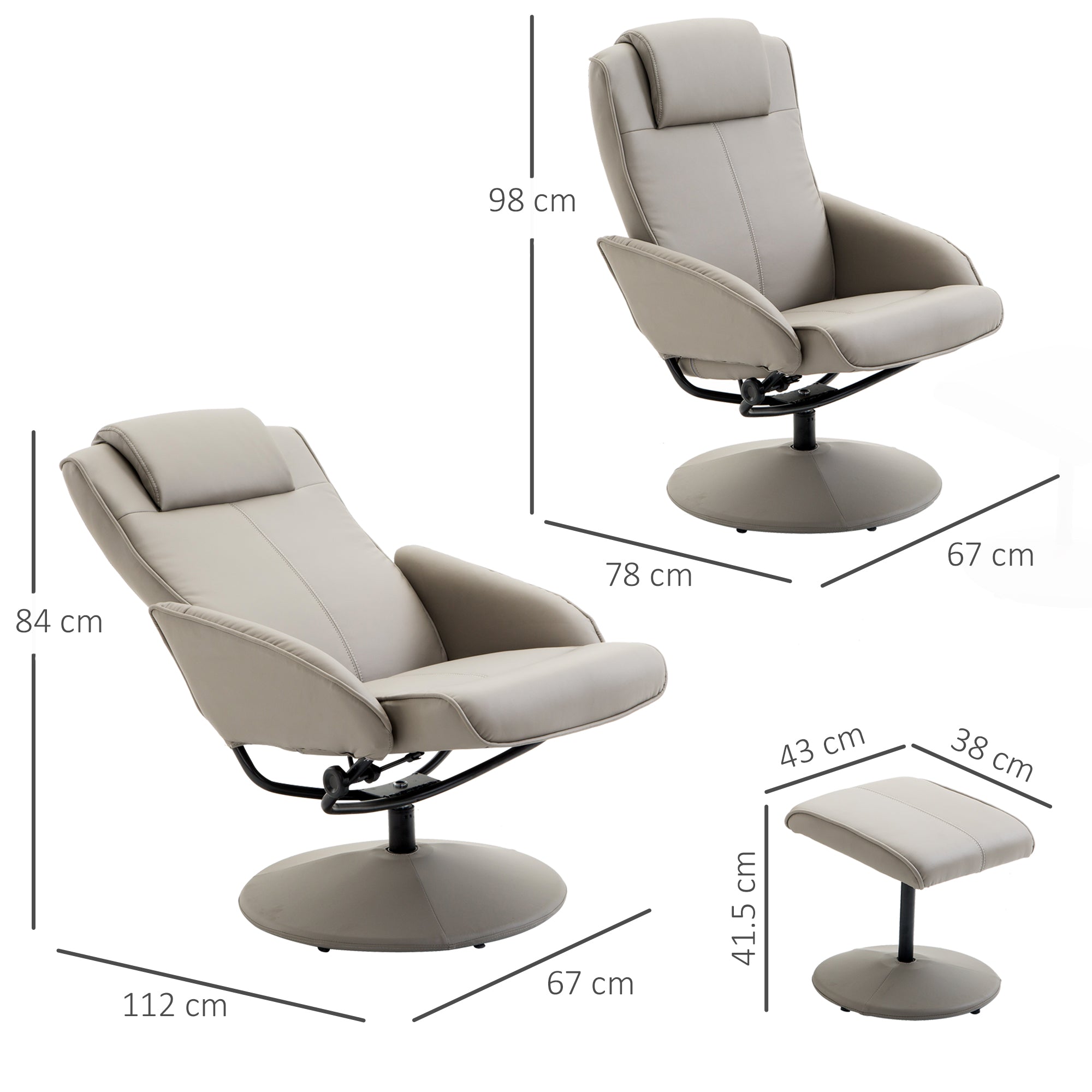 HOMCOM Recliner Chair and Footstool, Swivel PU Leather Upholstered Armchair with Footstool and Adjustable Backrest for Living Room, Bedroom, Grey - North Peak Garden Furniture