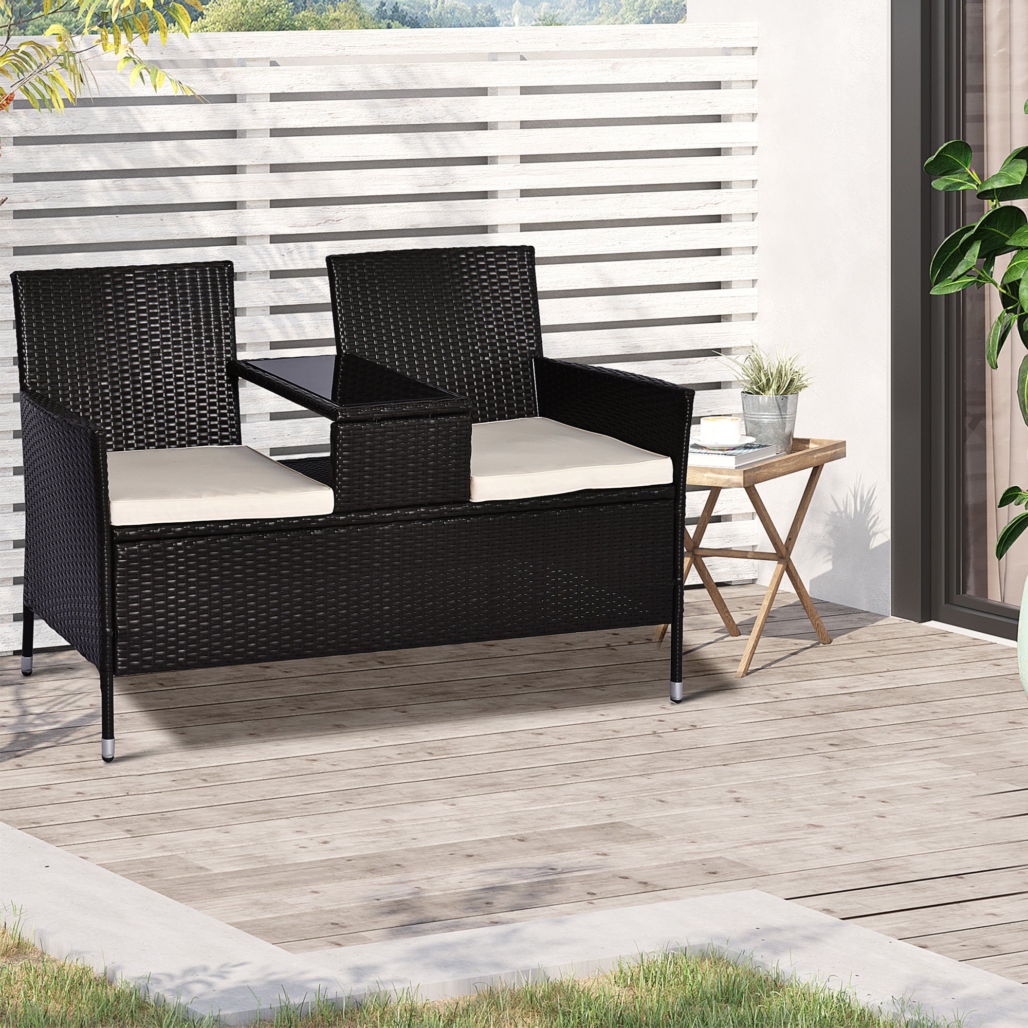 Outsunny 2 Seater Rattan Campanion Chair Wicker Loveseat Outdoor Patio Armchair with Drink Table Garden Furniture - Dark Brown - North Peak Garden Furniture