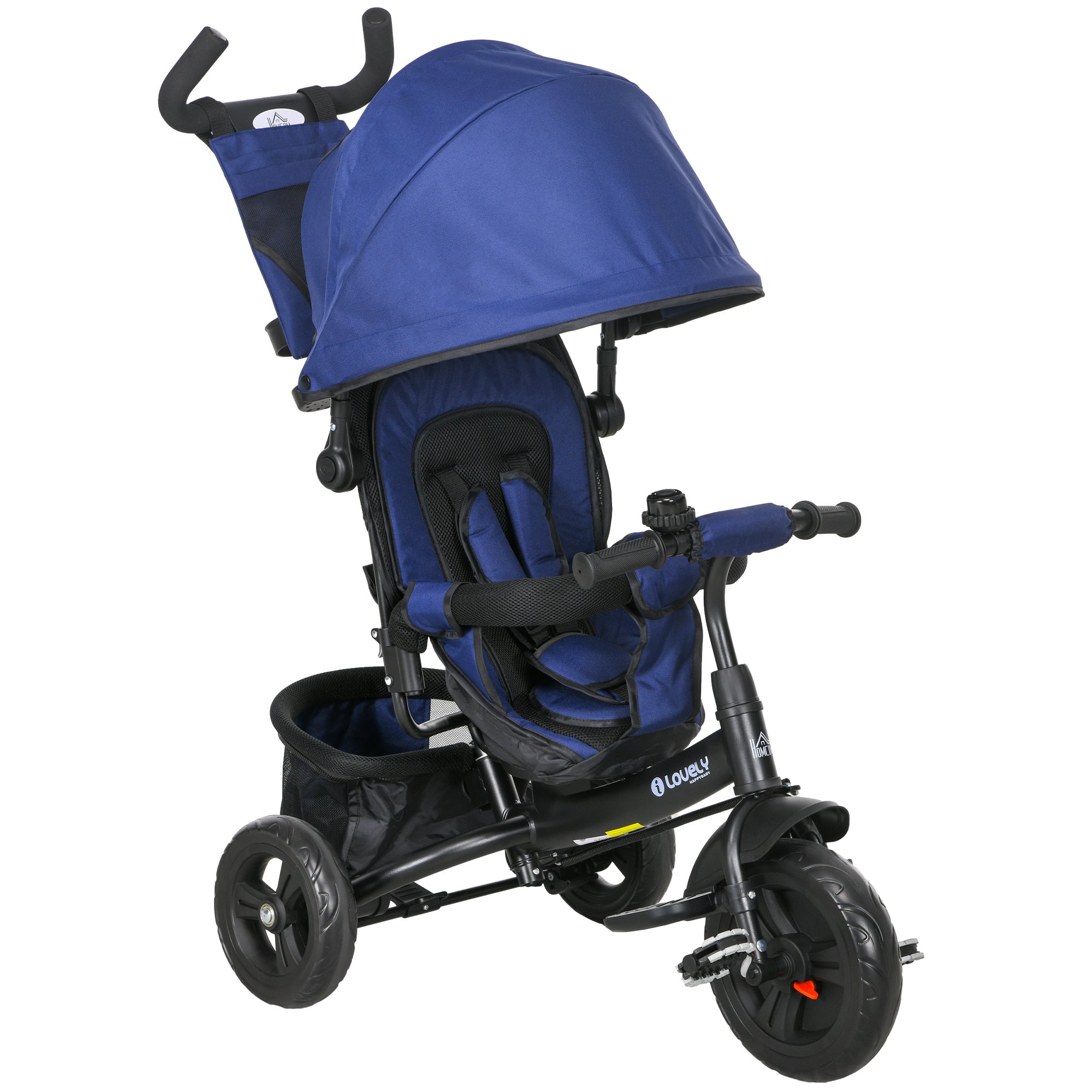 HOMCOM 6 in 1 Kids Trike Push Bike w/ Push Handle, Canopy, 5-point Safety Belt, Storage, Footrest, Brake, for 1-5 Years, Blue - North Peak Garden Furniture