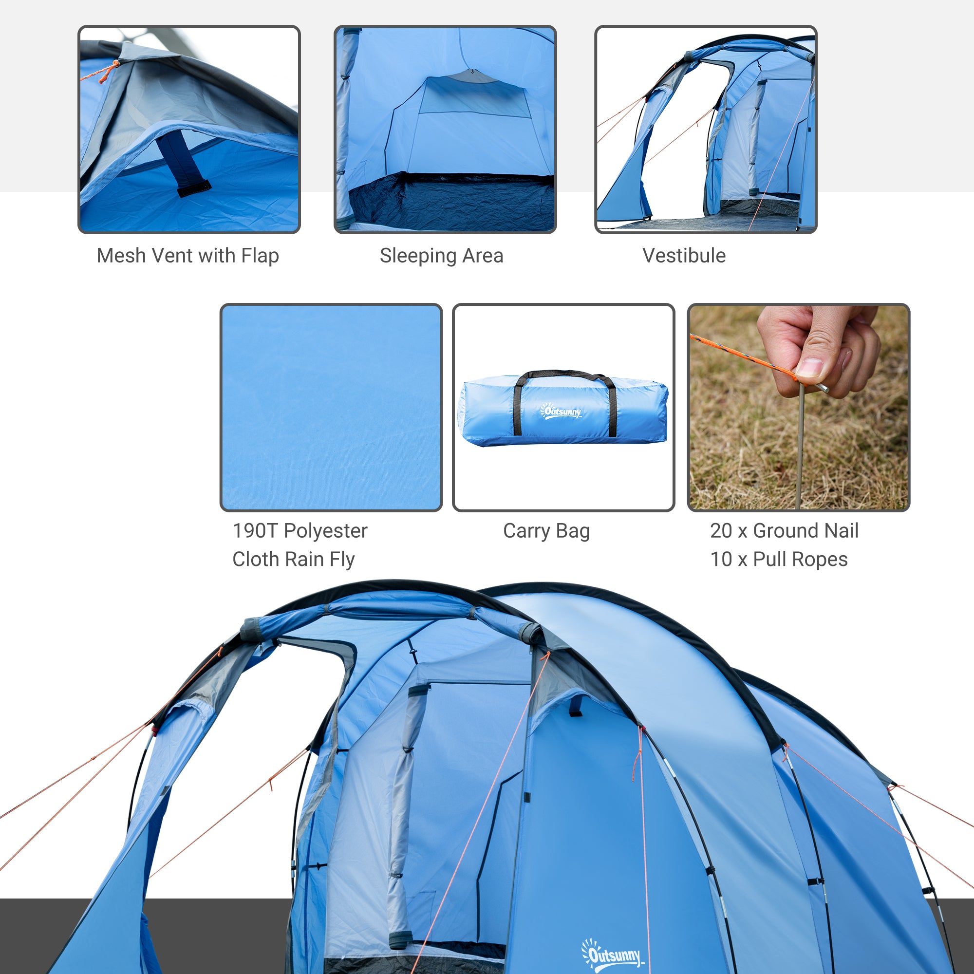 Outsunny 2-3 Man Tunnel Tents w/ Vestibule Camping Tent Porch Air Vents Rainfly Weather-Resistant Shelter Fishing Hiking Festival Shelter Home - North Peak Garden Furniture