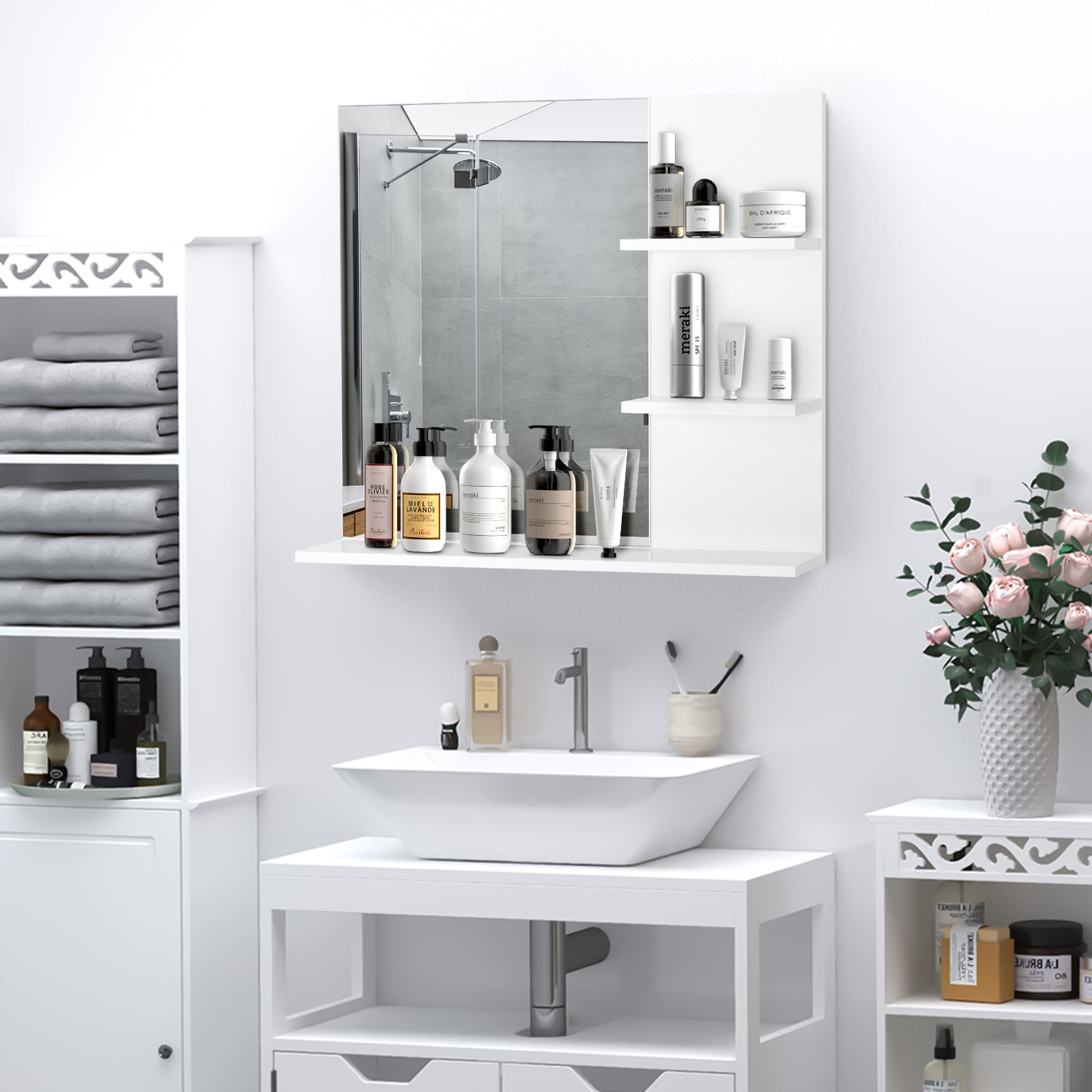 kleankin Modern Bathroom Mirror, Wall-mounted Vanity Mirror with 3 Tiers Storage Shelves for Make Up, White - North Peak Garden Furniture