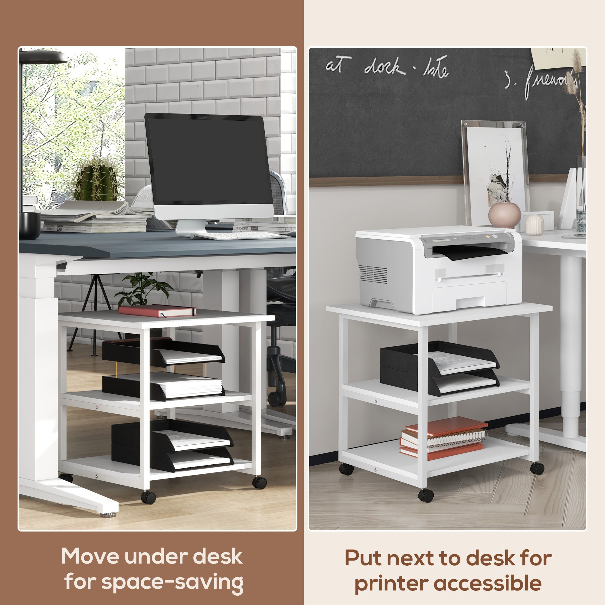 HOMCOM Three-Tier Steel Printer Stand, with Wheels - White - North Peak Garden Furniture