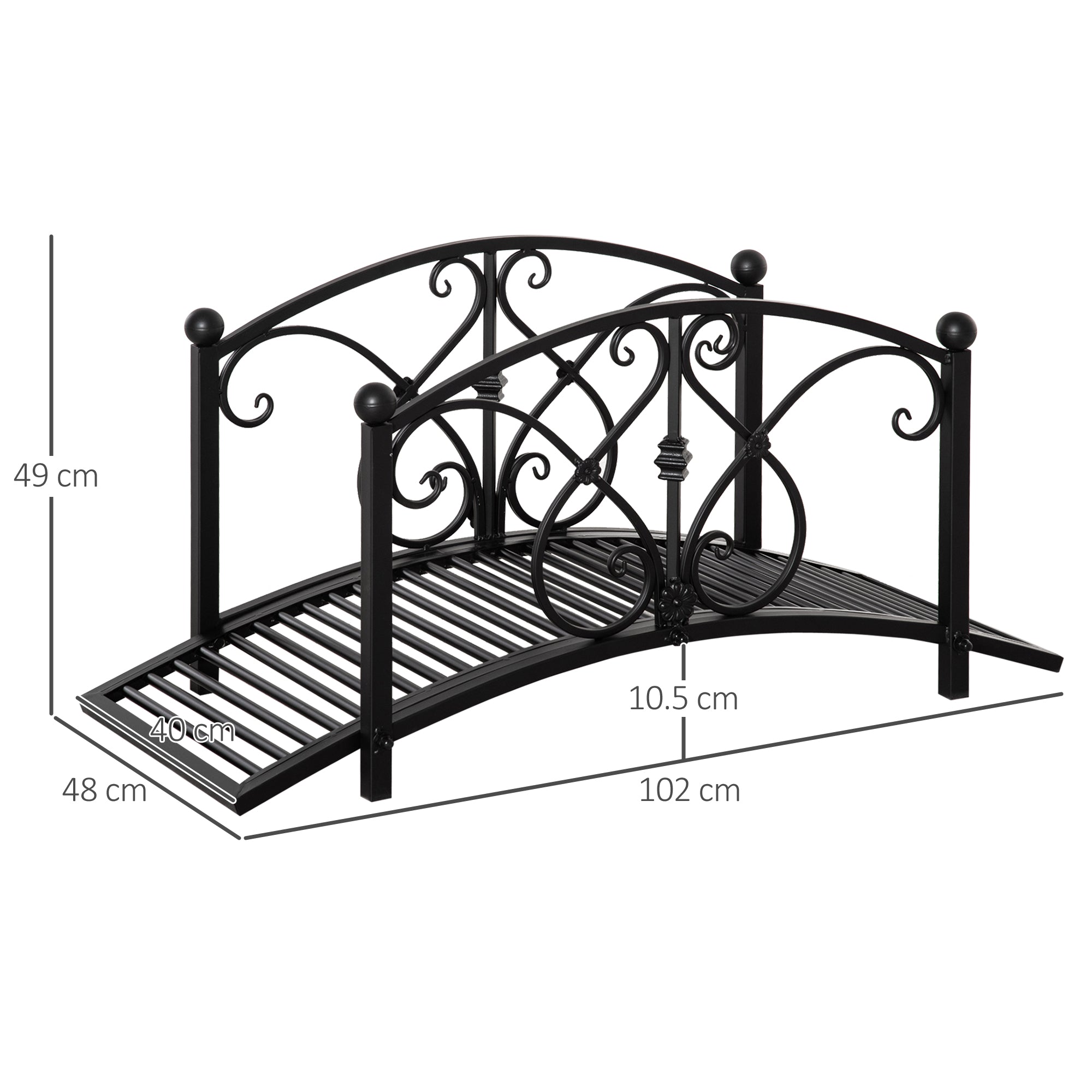 Outsunny 102L x 48W x 49H Classic Metal Garden Bridge with Safety Railings Arc Footbridge Decorative Pond Bridge for Backyard Creek Stream, Black - North Peak Garden Furniture