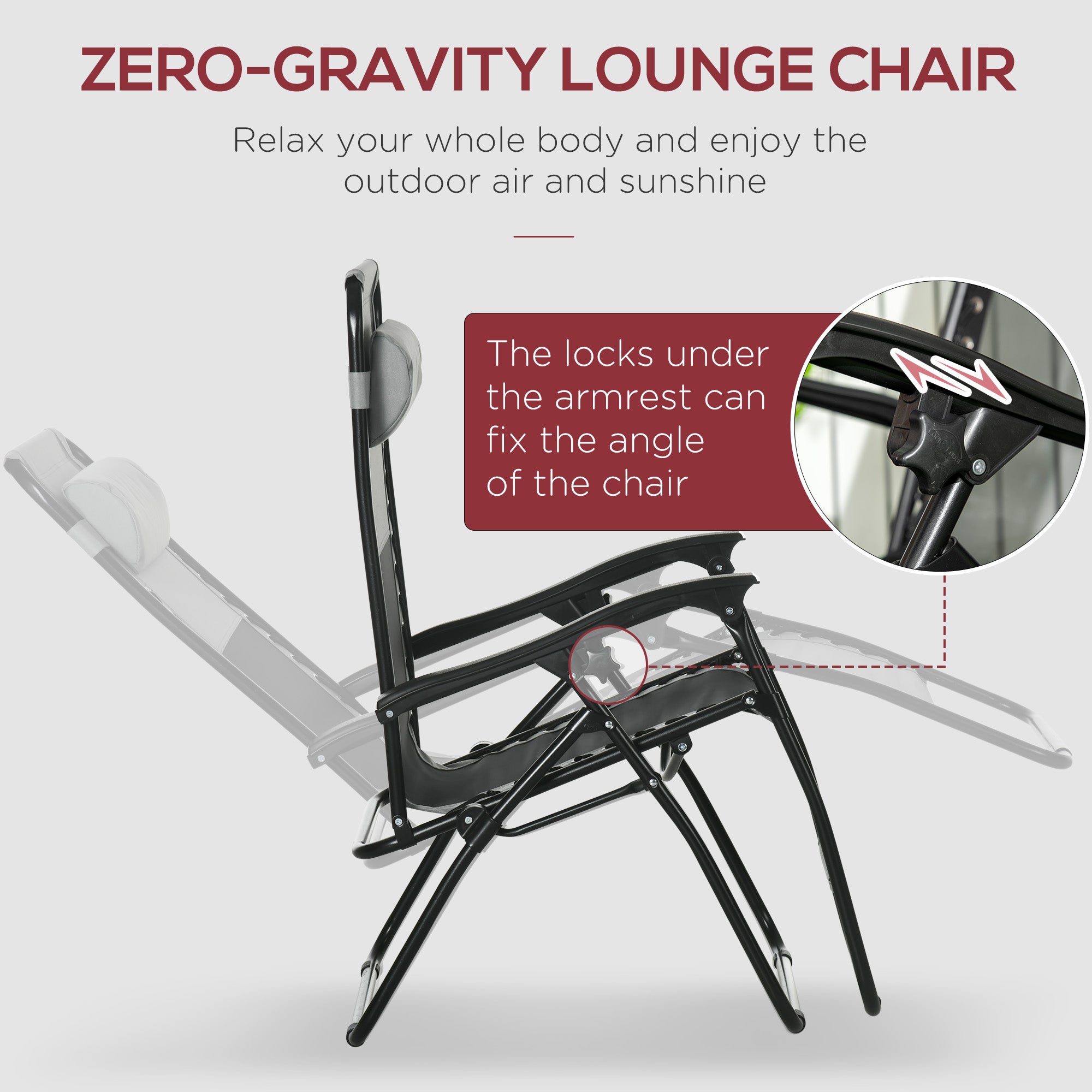 Outsunny Garden Recliner Chairs Set of 2, Outdoor Foldable Zero Gravity Chairs Set w/ Footstool and Detachable Headrest, Grey - North Peak Garden Furniture