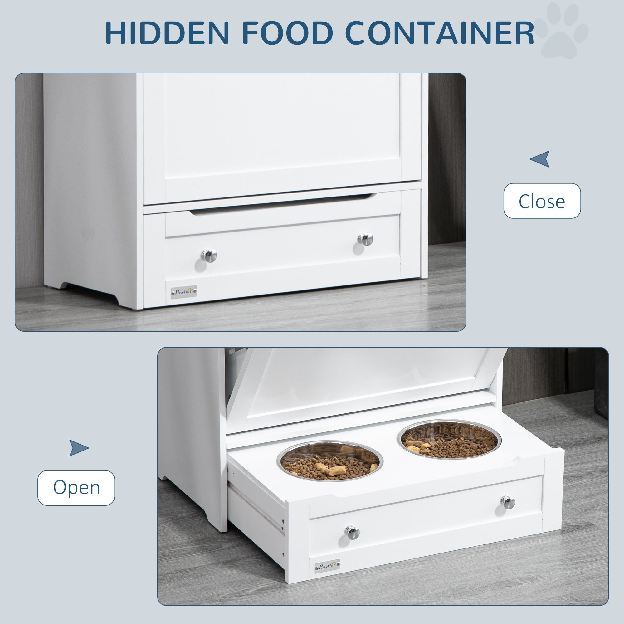 PawHut Pet Feeder Station, Dog, Cat Storage Container, with Raised Bowls, Hanger, Cabinet - White - North Peak Garden Furniture