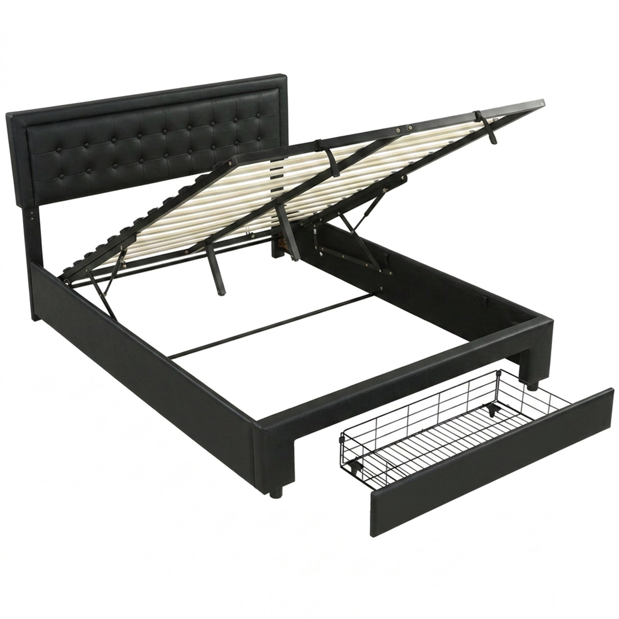 HOMCOM PU Leather King Size Ottoman Bed Frame, with Front Drawer - Black