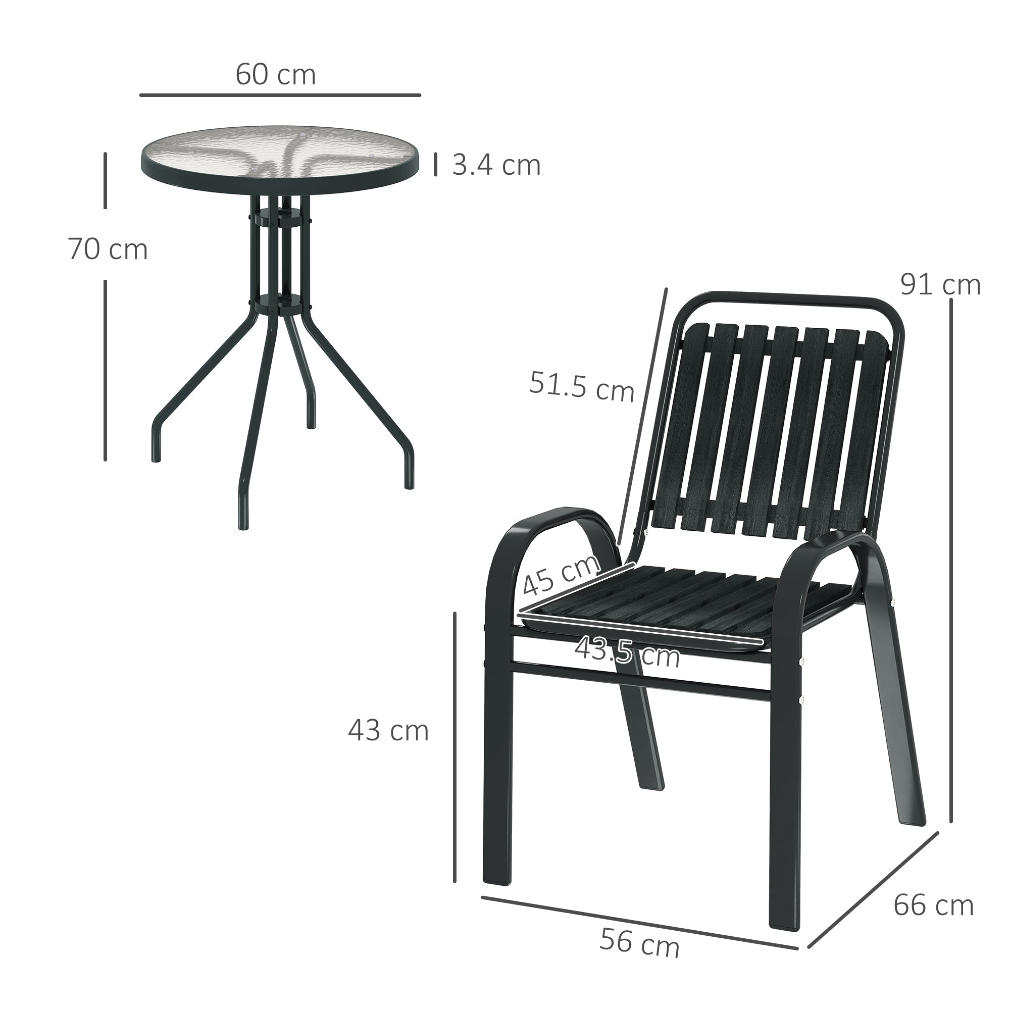 Outsunny 3 Pieces Patio Bistro Set with Stackable Chairs, Tempered Glass Table, for Outdoor, Balcony, Patio, Garden Charcoal Grey - North Peak Garden Furniture