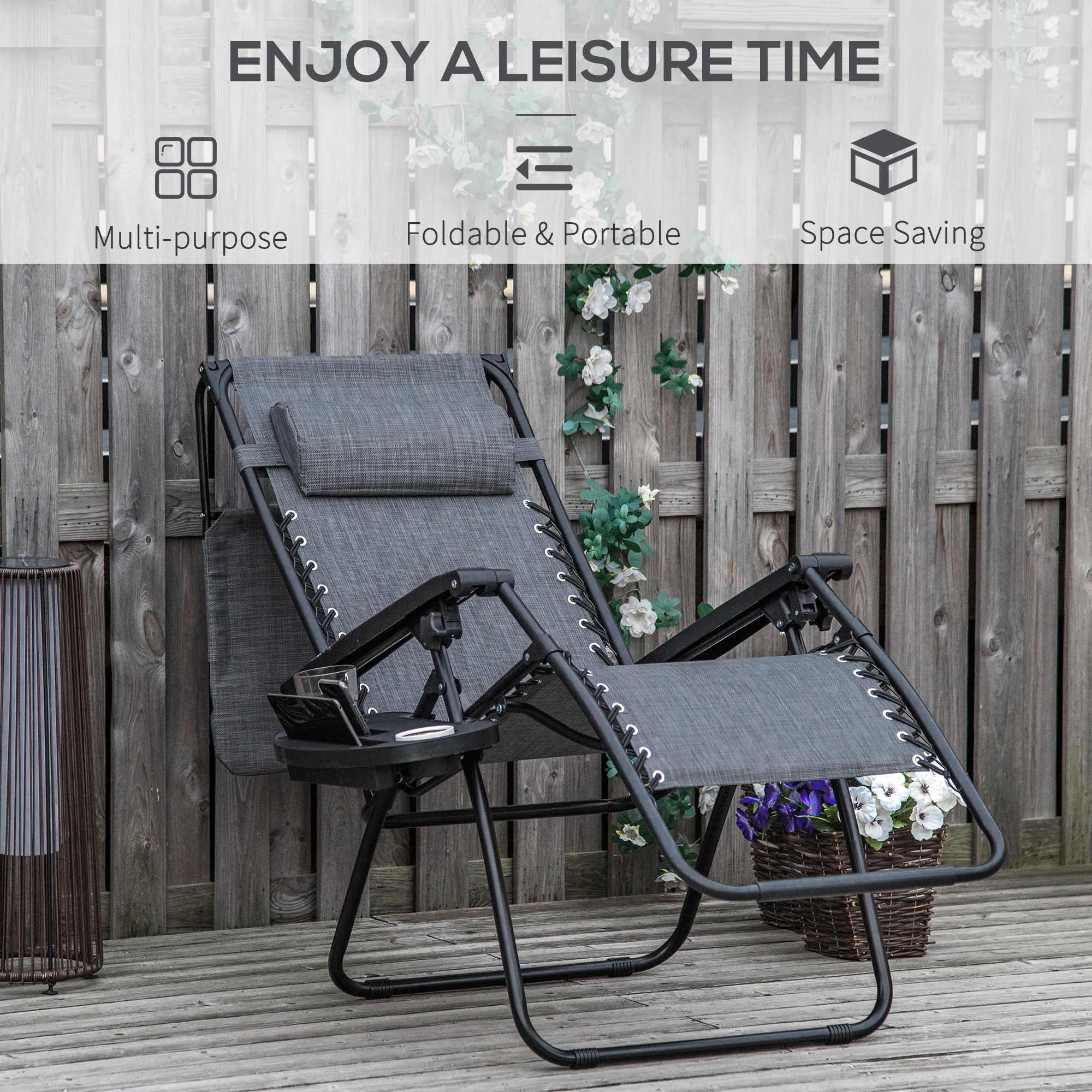 Outsunny Foldable Reclining Garden Chair with Headrest, Zero Gravity Deck Sun Lounger Seat Chair with Footrest, Armrest, Cup Holder & Canopy Shade, Light Grey - North Peak Garden Furniture