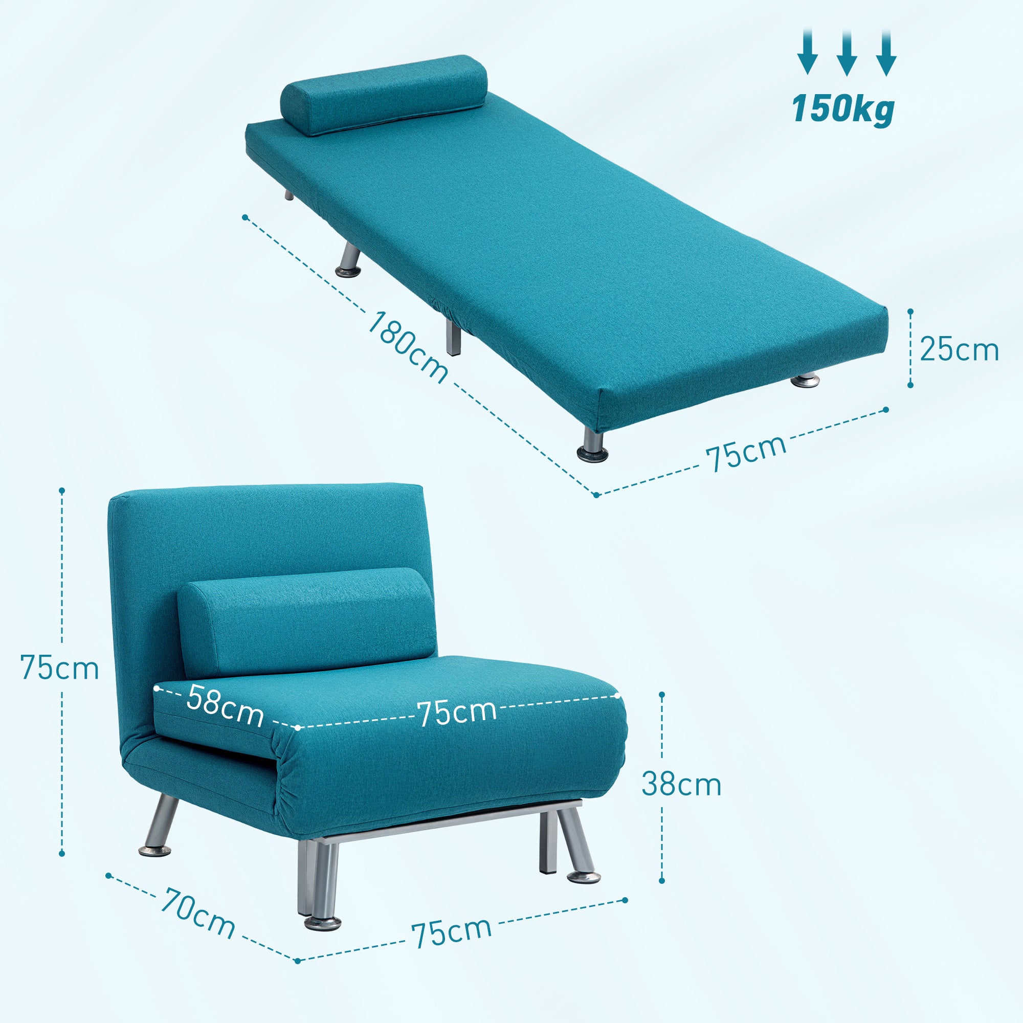 HOMCOM Single Linen-Feel Sleeper Chair - Dark Blue - North Peak Garden Furniture
