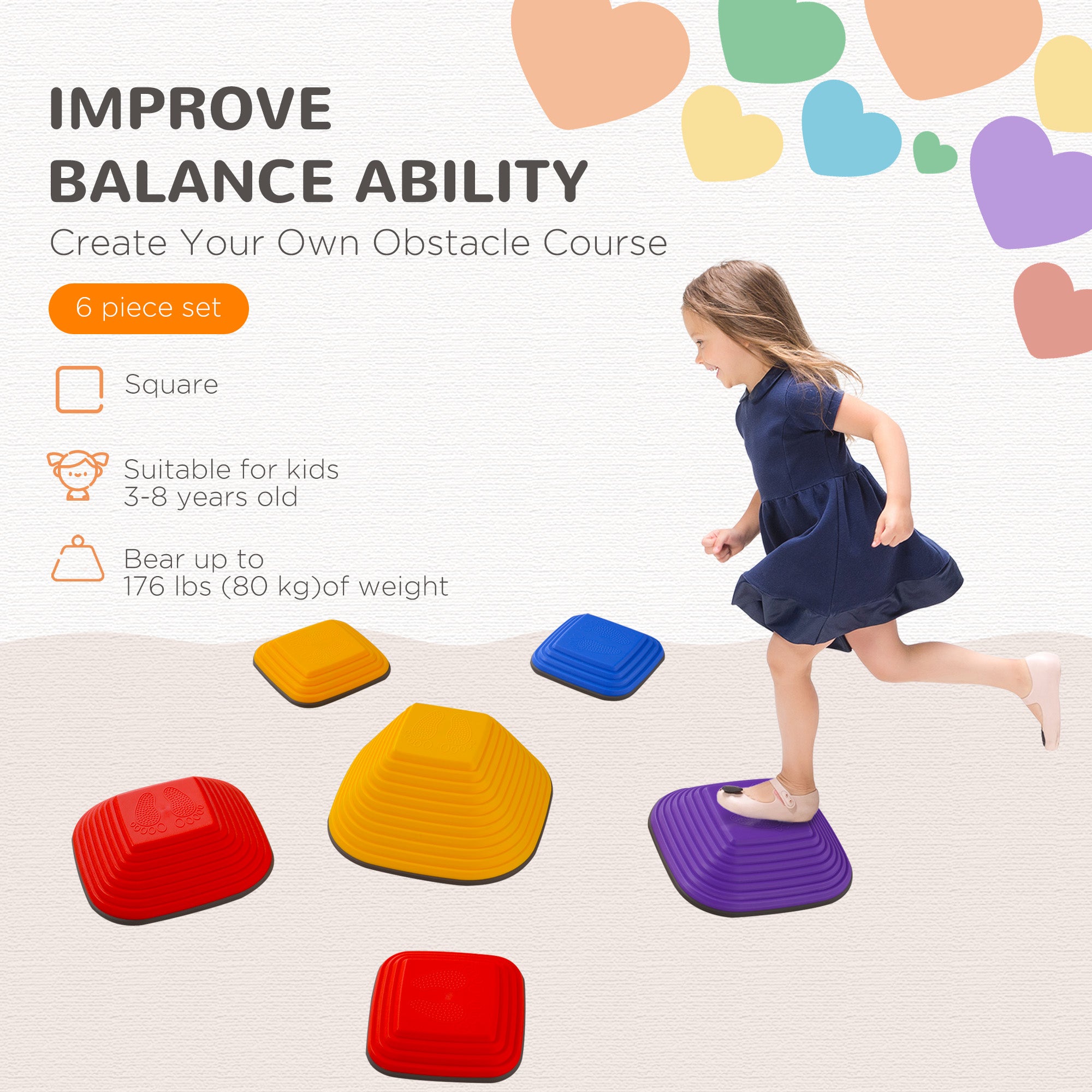 AIYAPLAY Balance Stepping Stones for Kids, 6PCs Non-Slip Stackable River Stones, Obstacle Courses for Balance & Motor Skills