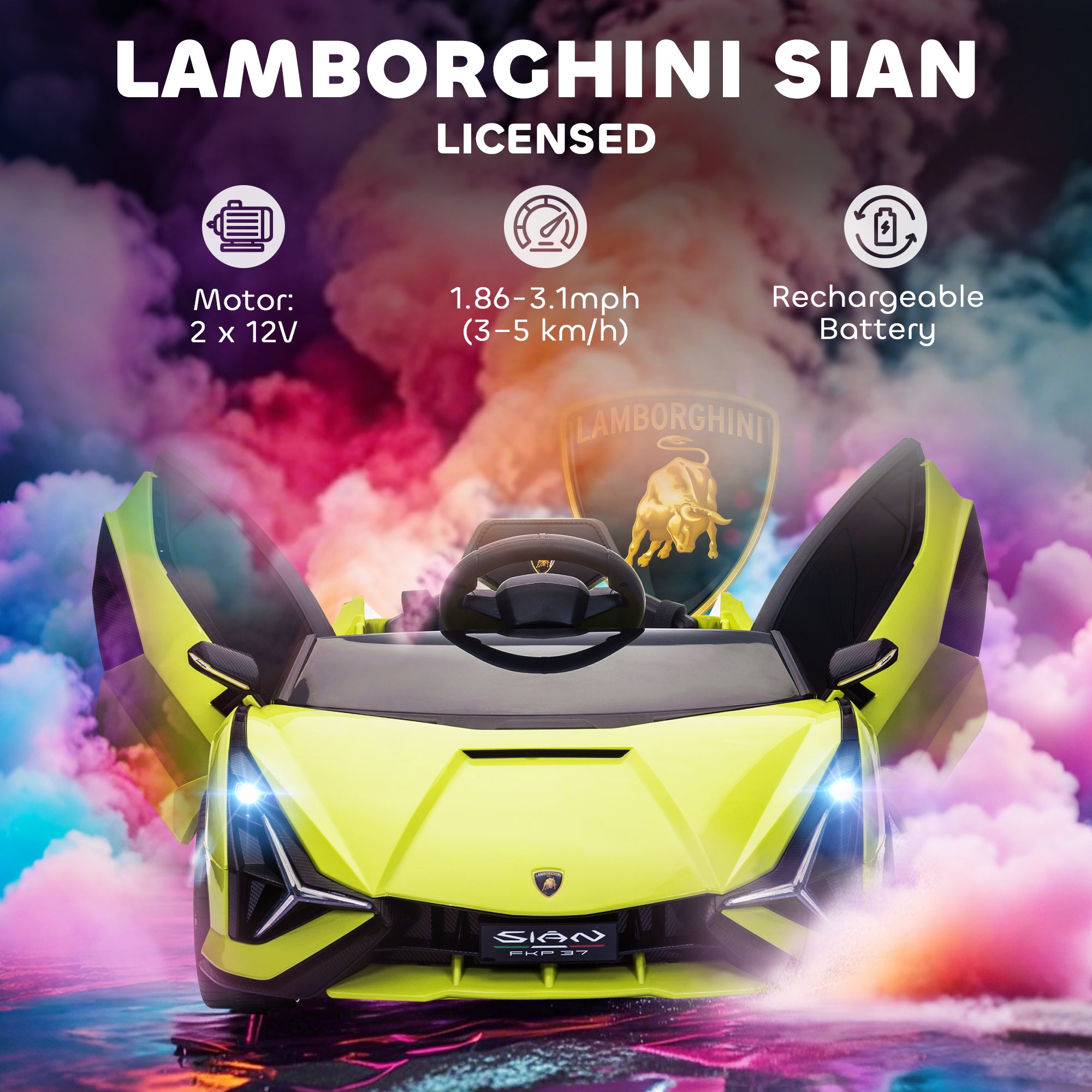 HOMCOM Lamborghini Sian Licensed 12V Kids Electric Ride On Car 2 Motors Toy Car with Remote Control Music Lights MP3 for 3-5 Years Green