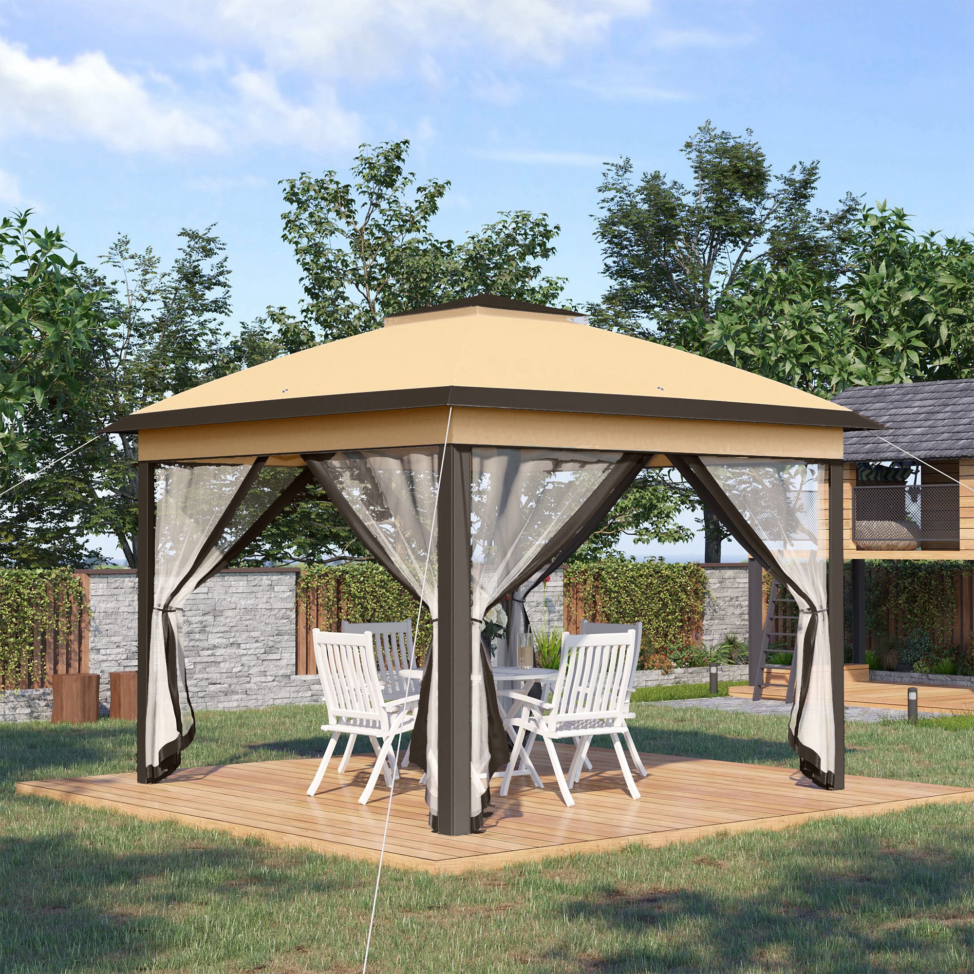 Outsunny 330cm x 330cm Pop Up Canopy, Double Roof Foldable Canopy Tent with Zipped Mesh Sidewalls, Height Adjustable and Carrying Bag, Event Tent for Patio Garden, Beige - North Peak Garden Furniture
