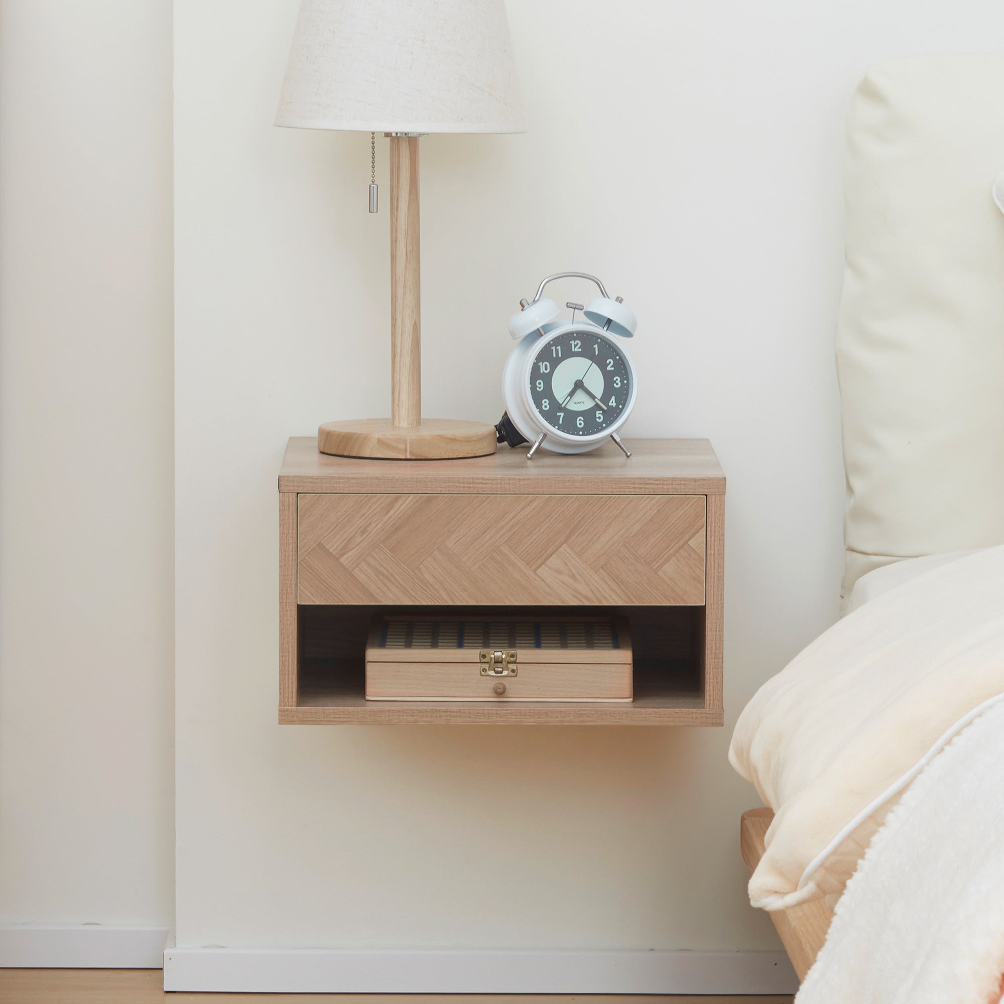 HOMCOM 2 Pieces Bedside Table Wall Mounted Nightstand with Drawer and Shelf for Bedroom, 37 x 32 x 21cm, Natural - North Peak Garden Furniture