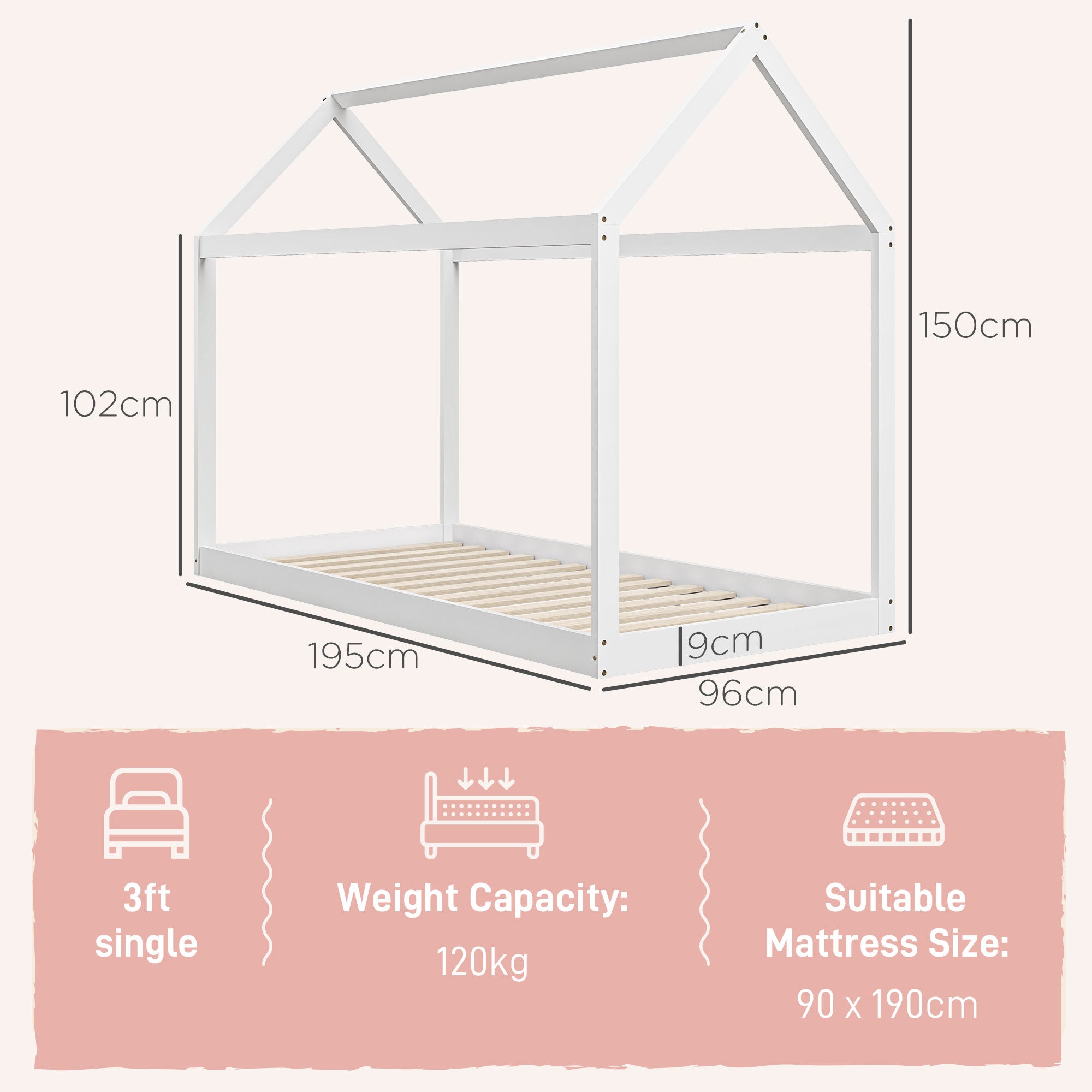 HOMCOM Single Bed Frame, House Scandinavian Style Wooden Bed Frame for 90W x 190Dcm Mattress, Pine Wood Bed Base, White - North Peak Garden Furniture
