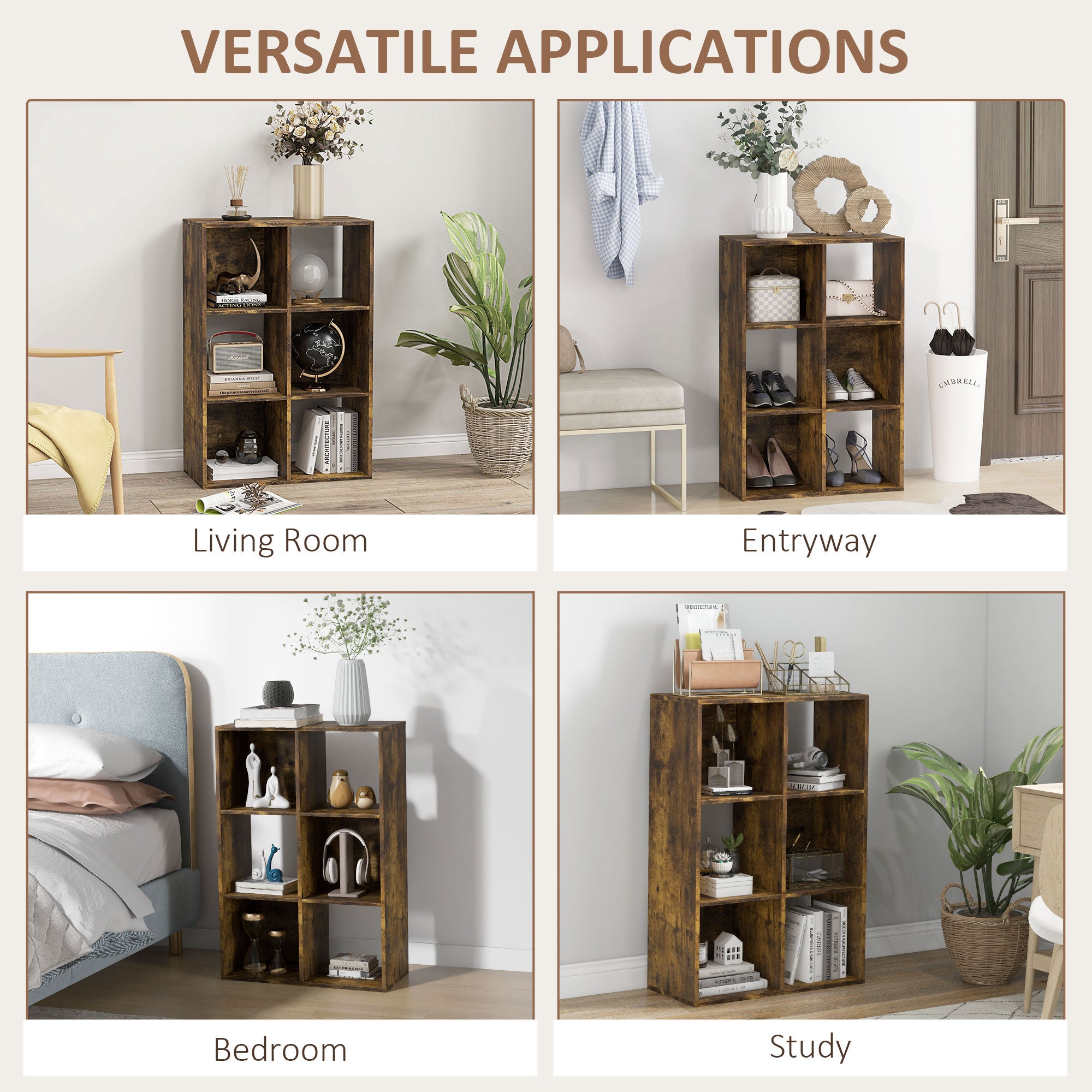 HOMCOM 3-tier 6 Cubes Storage Unit Particle Board Cabinet Bookcase Organiser Home Office Shelves Rustic Brown - North Peak Garden Furniture