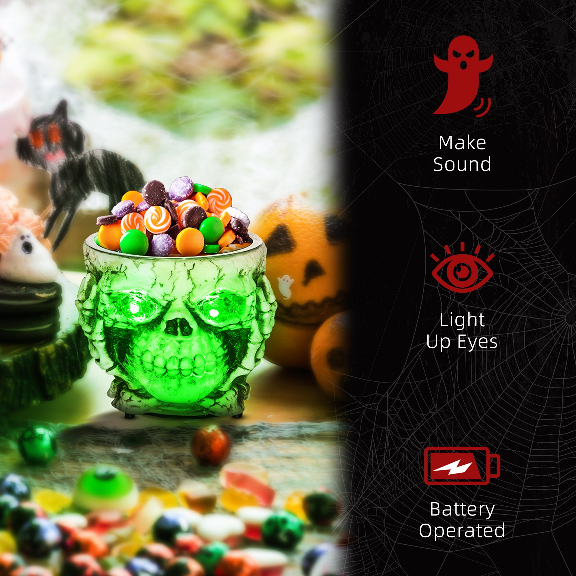 HOMCOM 14cm 5.5" Skeleton Candy Bowl Outdoor Halloween Decoration, Halloween Prop with Sound Activated, Light Up Eyes, Sound Effects for Haunted House