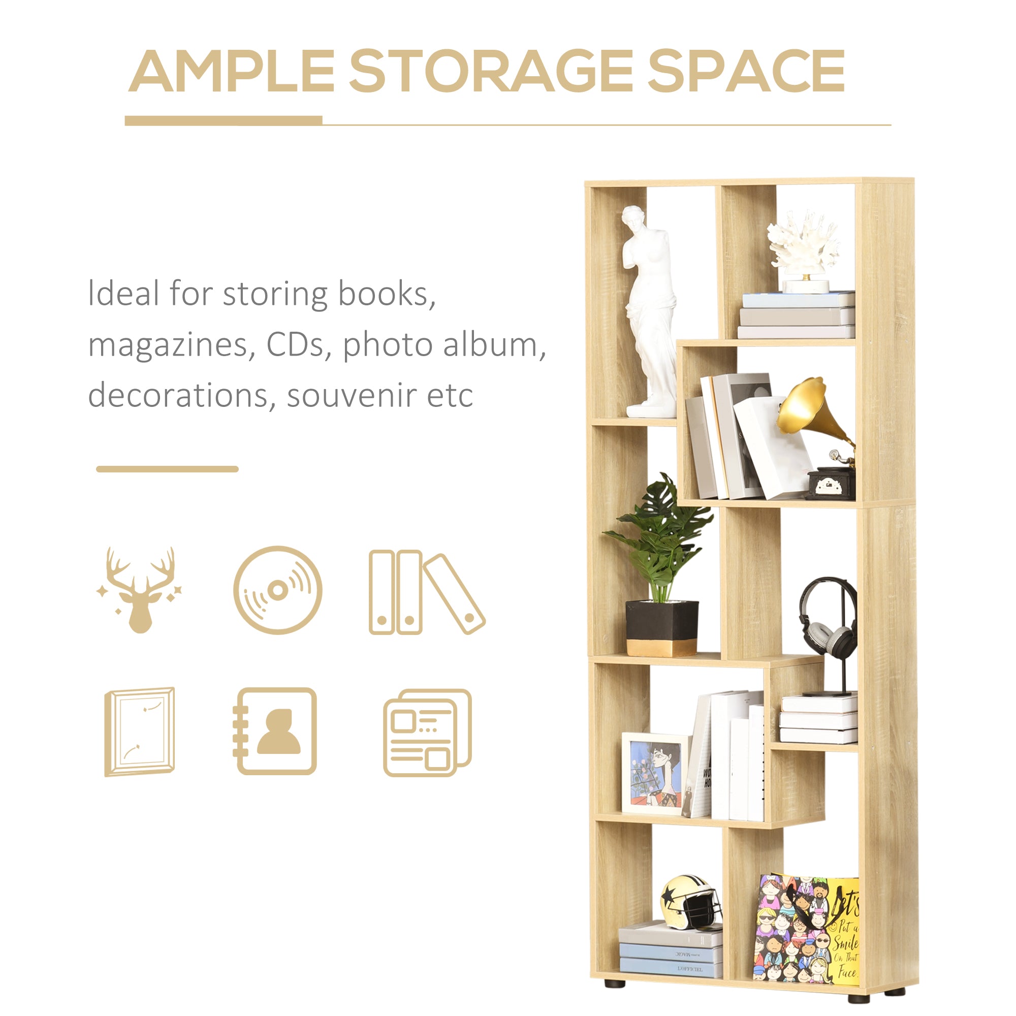 HOMCOM 8-Tier Freestanding Bookcase w/ Melamine Surface Anti-Tipping Foot Pads Home Display Storage Grid Stand Bedroom Living Room Furniture Modern Style - Natural - North Peak Garden Furniture
