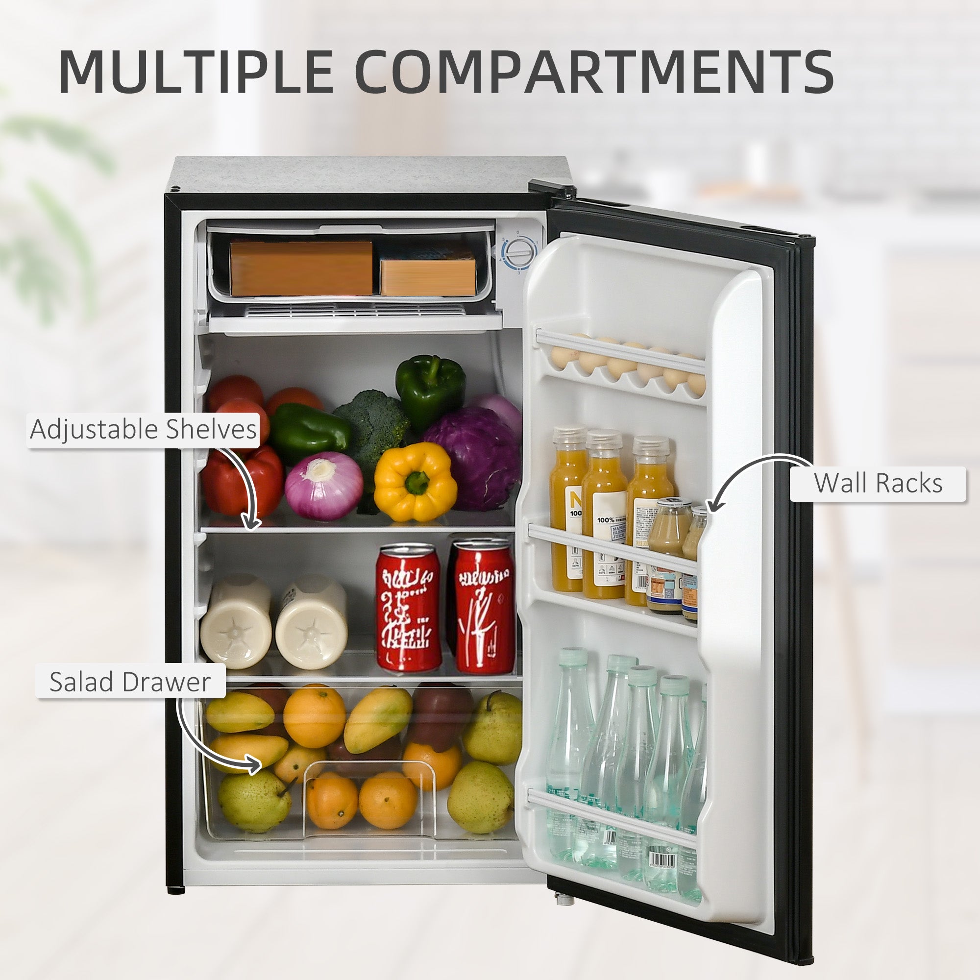 HOMCOM 91 Litre Freestanding Under Counter Fridge Freezer with Chiller Box, Reversible Door, Adjustable Thermostat, 47.5cm Wide, Noise Level: Decibels 40, Black - North Peak Garden Furniture