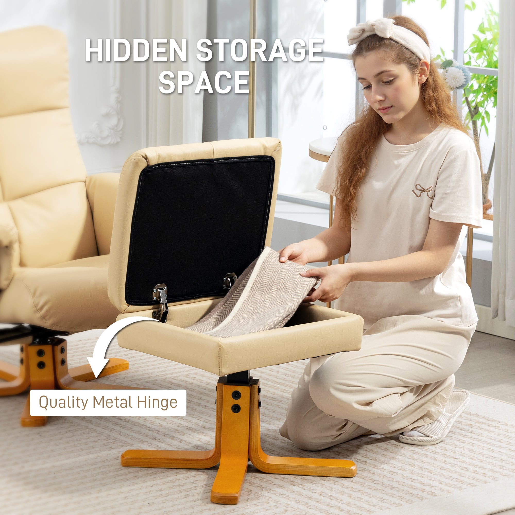 HOMCOM PU Leather Swivel Recliner Chair with Footstool, Wooden Base and Storage for Living Room, Beige