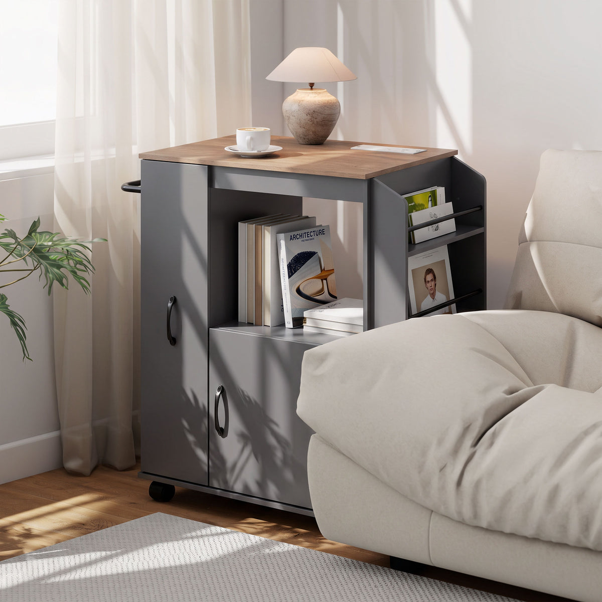 HOMCOM Kitchen Trolley on Wheels, Rolling Kitchen Island Cart with Power Outlet, Cabinet, Pull-Out Drawer, Grey