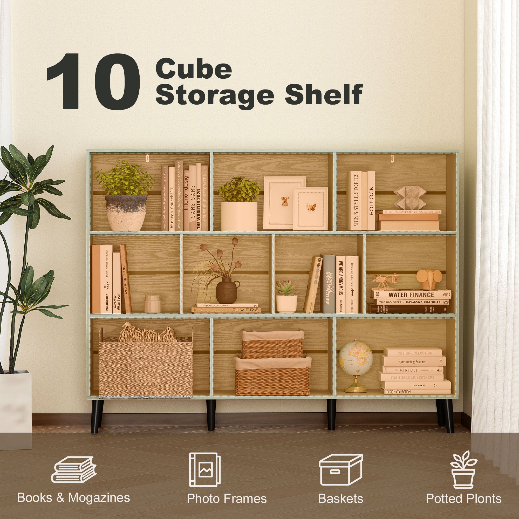 HOMCOM 10-Cube Bookcase, 3-Tier Book Shelf with Solid Wood Legs, 140 cm Modern Bookshelf with Anti-Tip Kit, Light Green