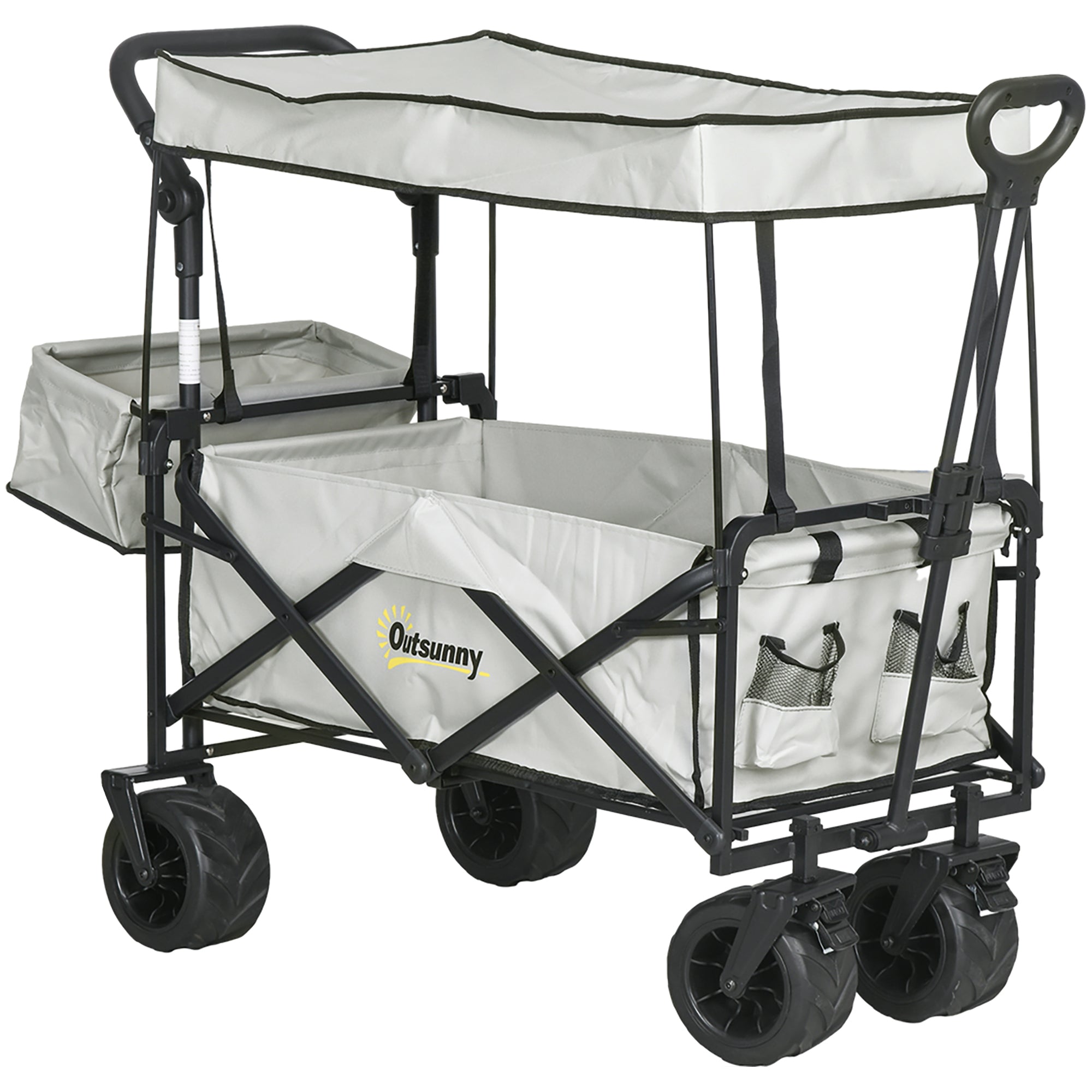 Outsunny Folding Trolley Cart Storage Wagon Beach Trailer 4 Wheels with Handle Overhead Canopy Cart Push Pull for Camping, Grey - North Peak Garden Furniture