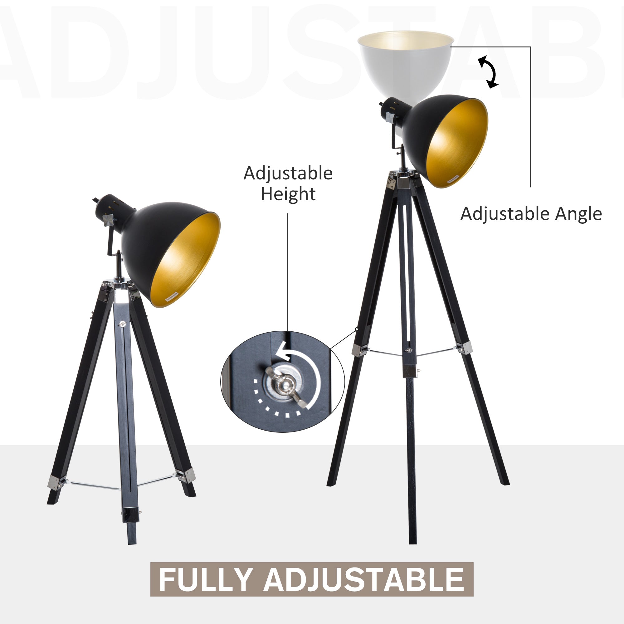 HOMCOM Tripod Floor Lamp, Spotlight Reading Lamp w/ Adjustable Height, Angle, Wood Legs for Living Room, Bedroom, Home, Office, Black and Gold - North Peak Garden Furniture