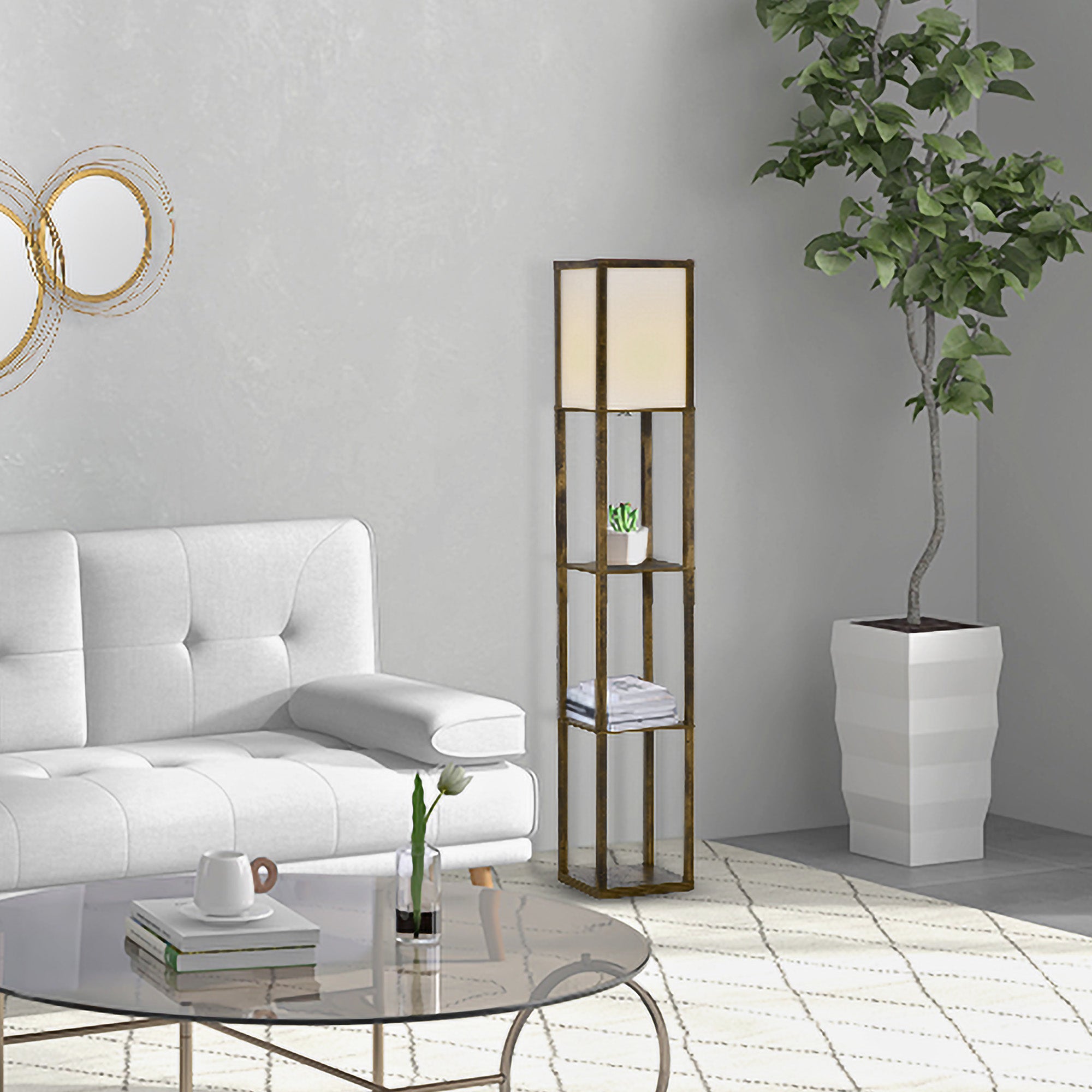 HOMCOM 3-Tier Floor Lamp, Floor Light with Storage Shelf, Reading Standing Lamp for Living Room, Bedroom, Kitchen, Dining Room, Office, Dorm, 160cm, Brown - North Peak Garden Furniture