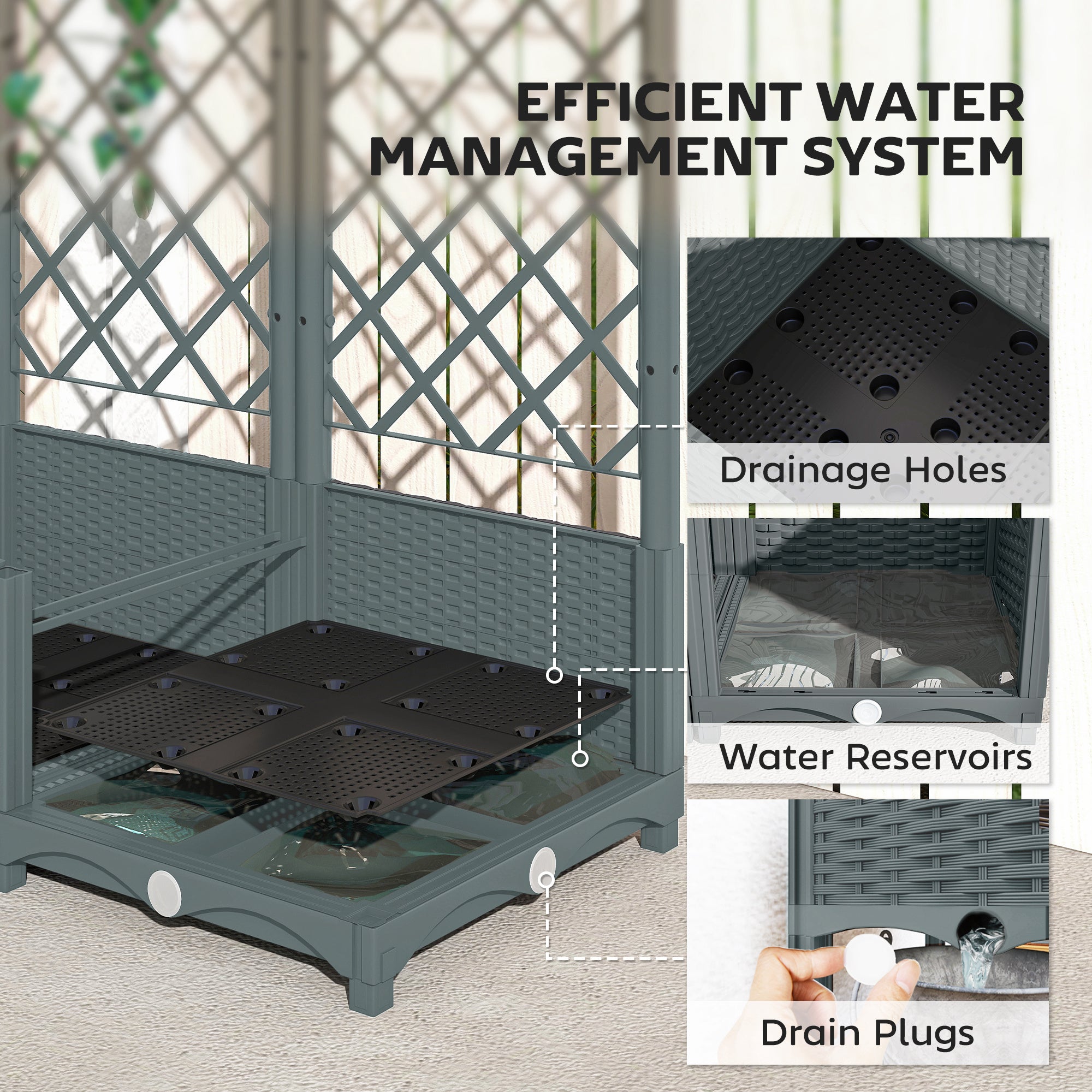 Outsunny Raised Garden Bed with Trellis, Plastic Planter Box with Drainage Holes, Drain Plugs and Water Reservoirs for Climbing Plants, Vegetables, Flowers, Grey