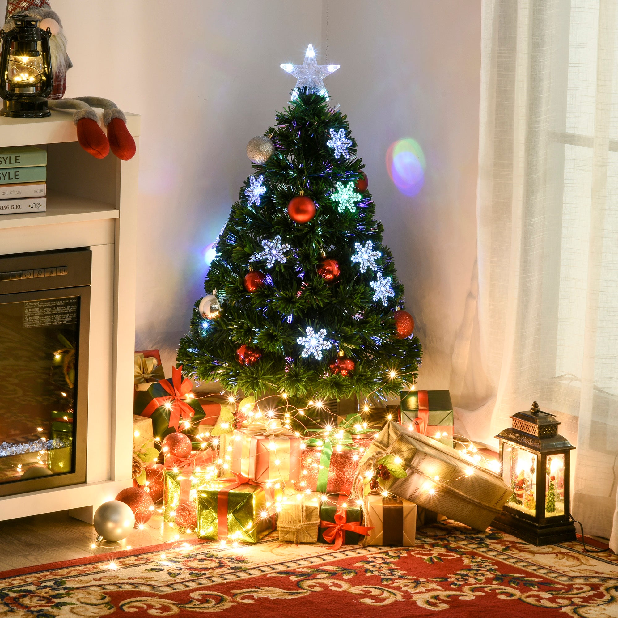 HOMCOM 3FT Green Fibre Optic Artificial Christmas Tree Xmas Colourful LED Scattered Tree with Snowflakes Ornaments Fireproofing - North Peak Garden Furniture
