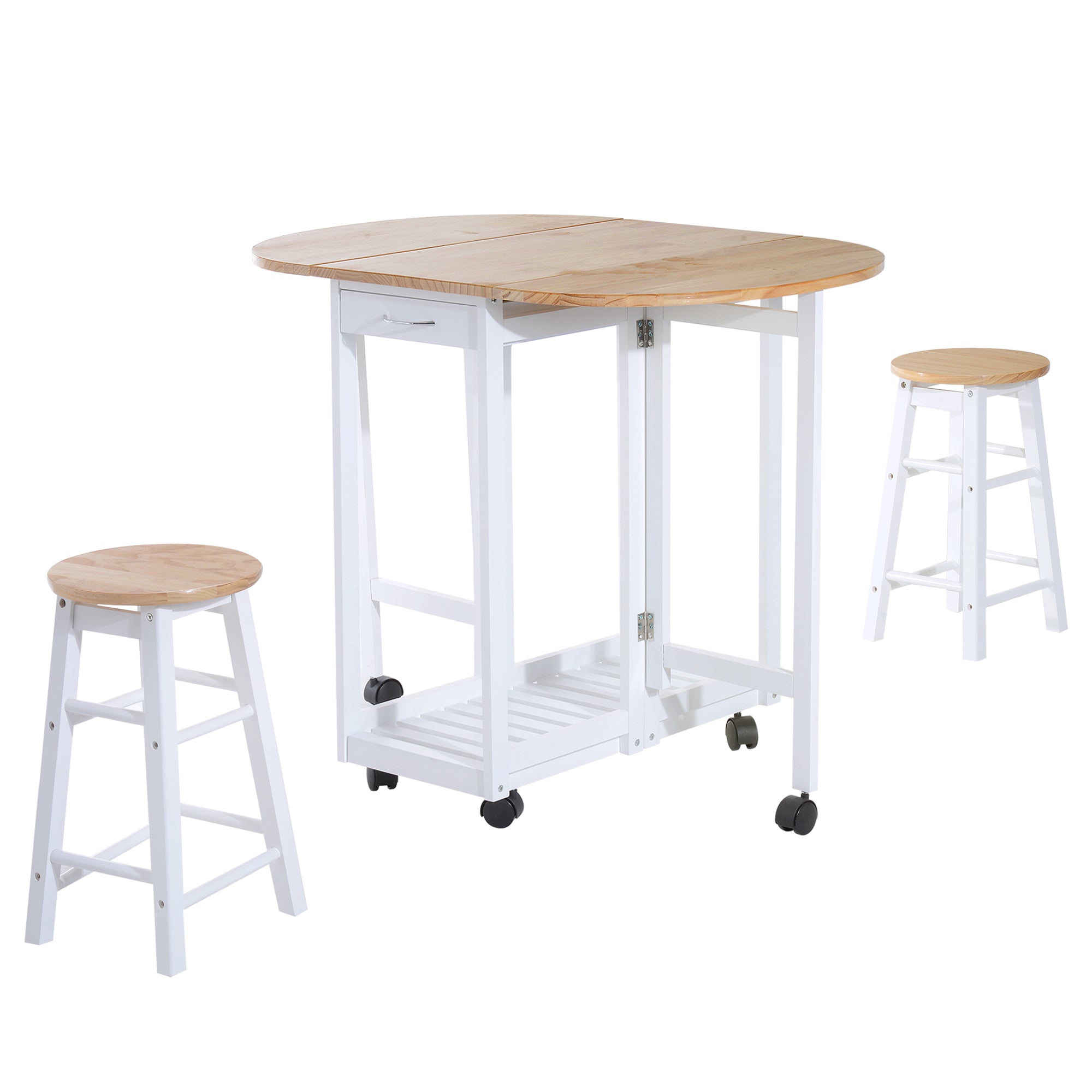 HOMCOM 3PC Wooden Kitchen Cart Mobile Rolling Trolley Folding Bar Table Two Stools Dining Chair Storage Shelf w/2 Drawers & 6 Wheels - North Peak Garden Furniture