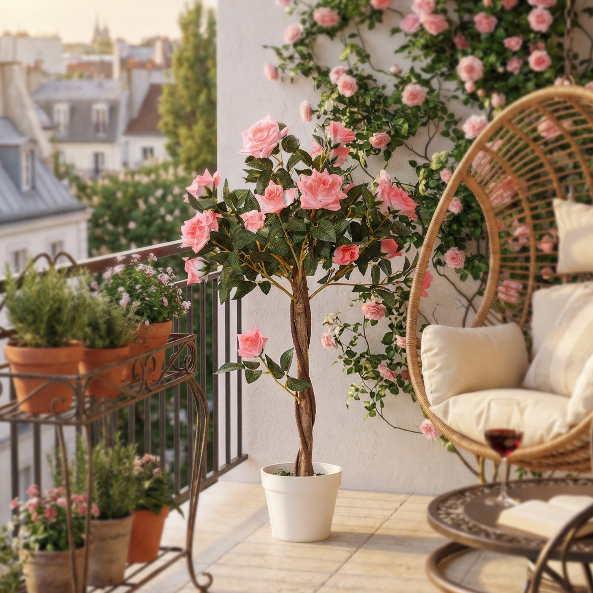 Outsunny Artificial Plants Pink Rose Floral in Pot, Fake Plants for Home Indoor Outdoor Decor, 90cm
