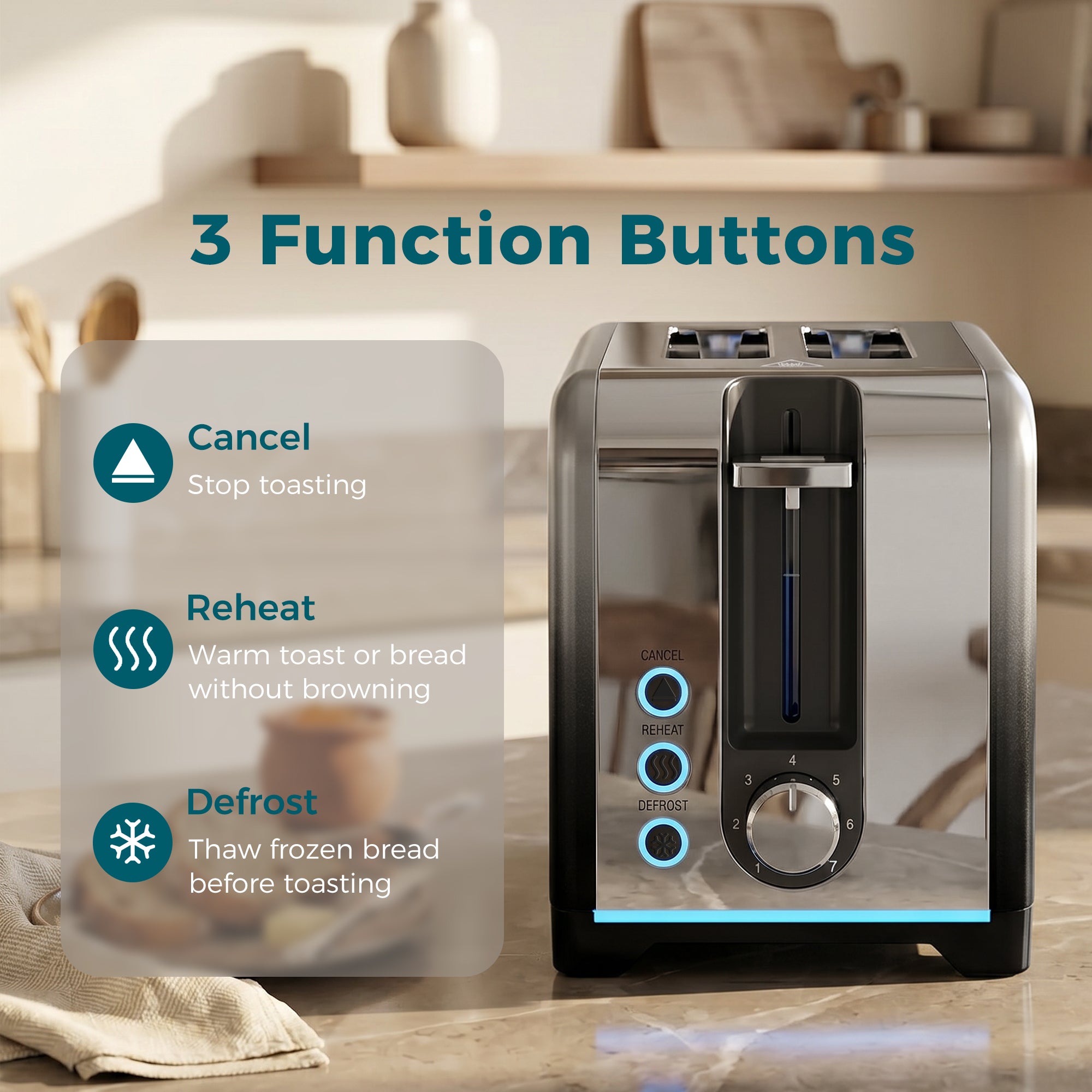 HOMCOM 2 Slice Toaster with 7 Browning Levels, Reheat, Defrost and Cancel Functions