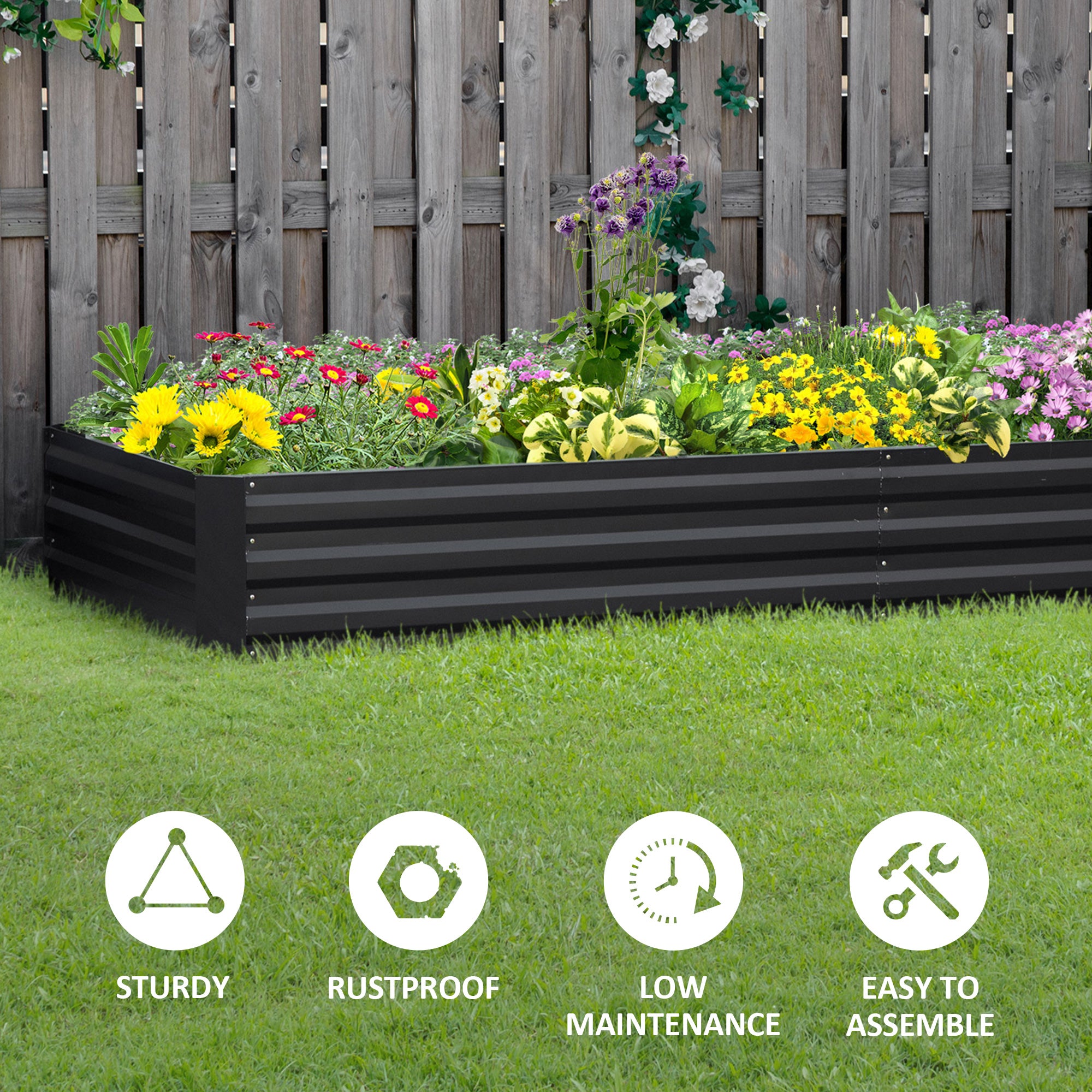 Outsunny Metal Raised Garden Bed Planter Box Outdoor Planters for Growing Flowers, Herbs, Grey, 241x90.5x30cm - North Peak Garden Furniture