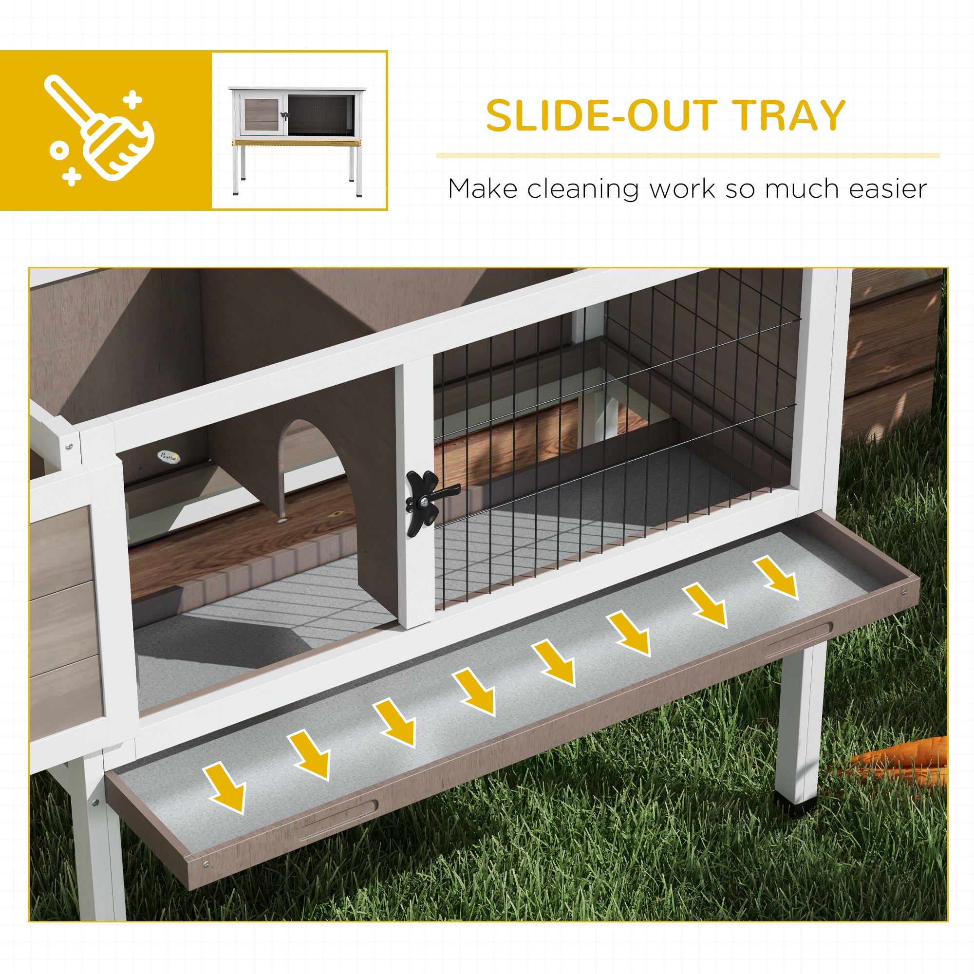 PawHut Wooden Guinea Pig Hutch, Small Animal Cage with Slide-out Tray, Openable Asphalt Roof, 84 x 43 x 70cm, Brown - North Peak Garden Furniture