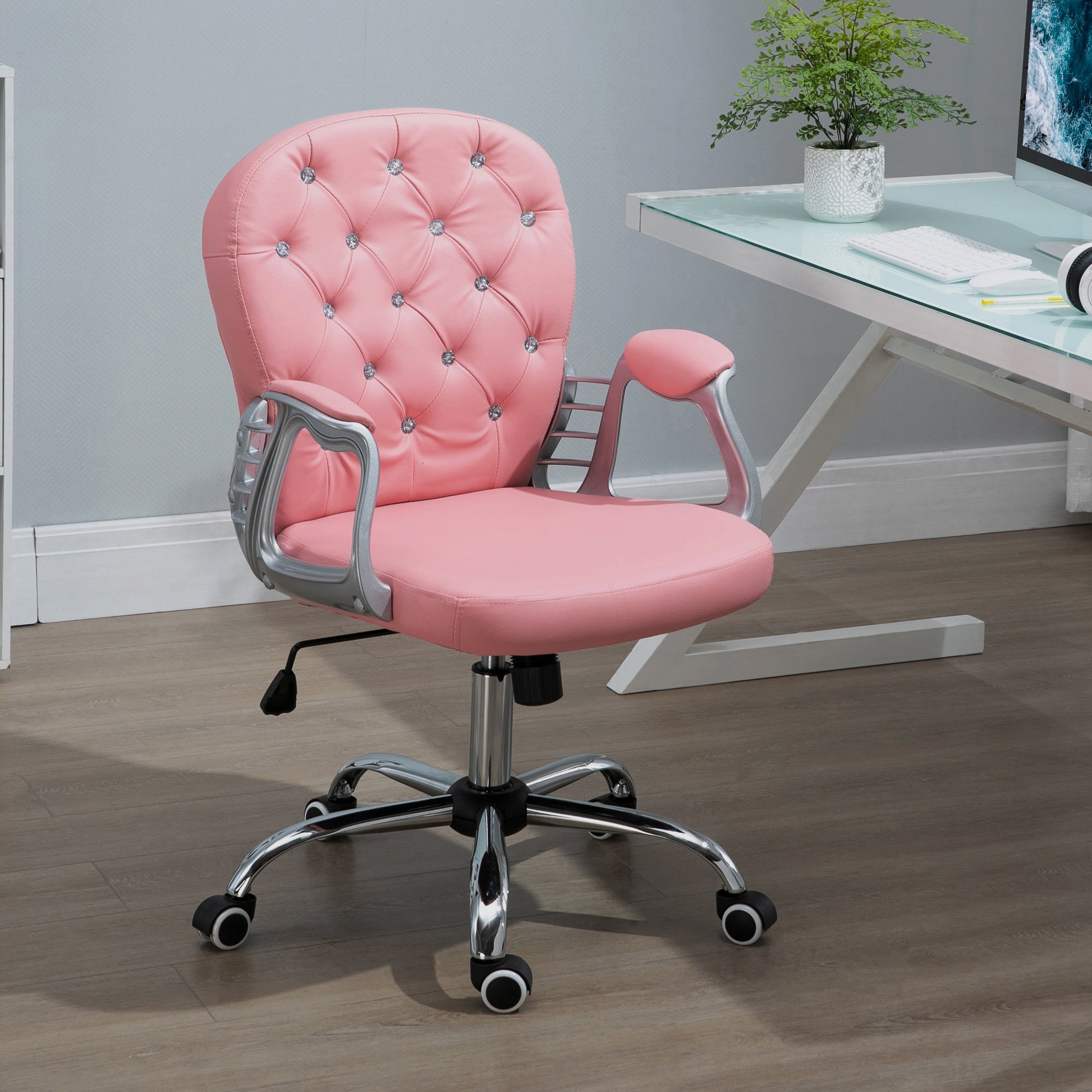 Vinsetto Office Chair Ergonomic 360° Swivel PU Diamante Padded Base 5 Castor Wheels for Home Work Pink - North Peak Garden Furniture