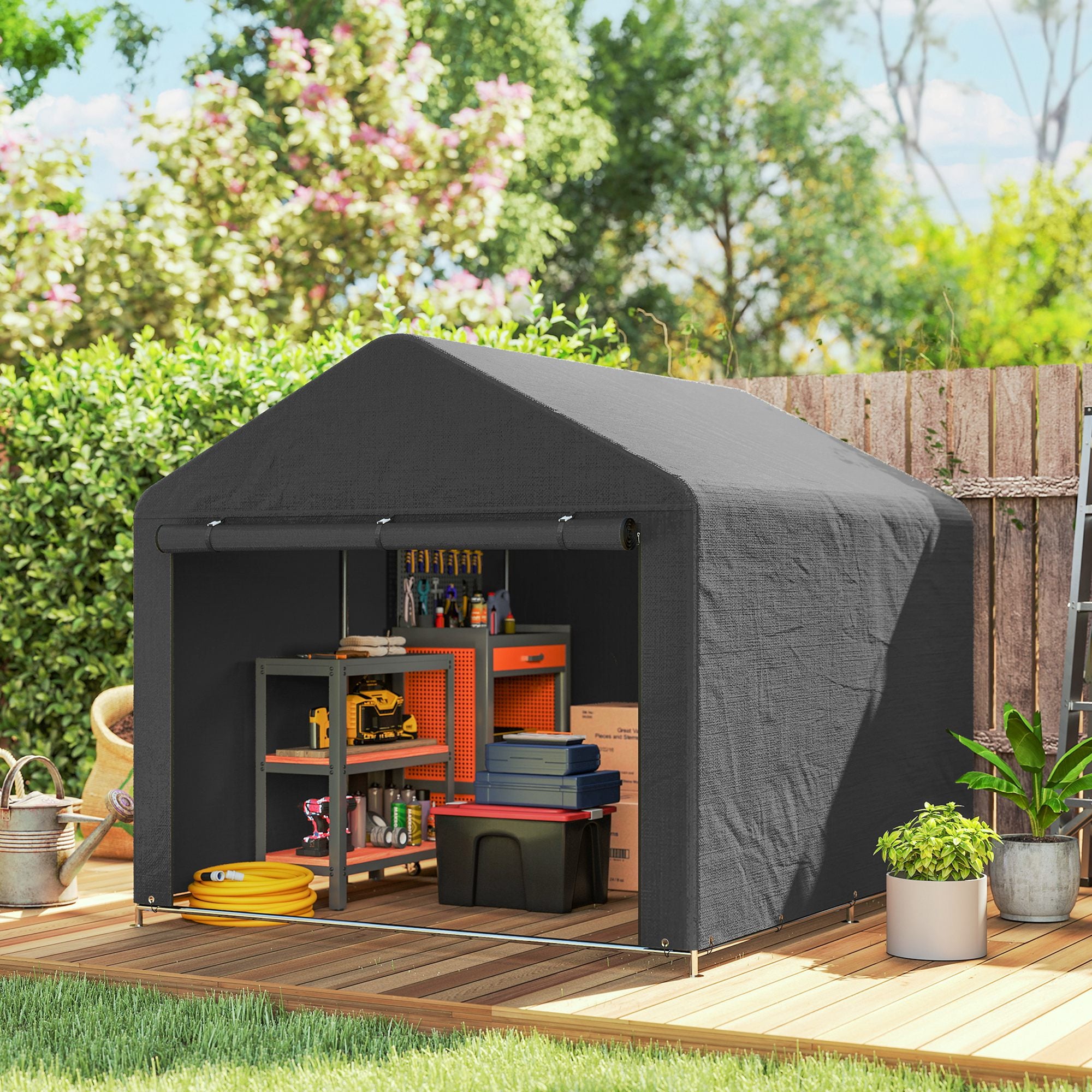 Outsunny 6.6 x 7.8ft Outdoor Garden Storage Shed, Waterproof Bike Tent with Roll-up Zipper Door, Galvanised Metal Frame, Portable Shed Shelter Carport for Motorcycle Garden Tools, Dark Grey