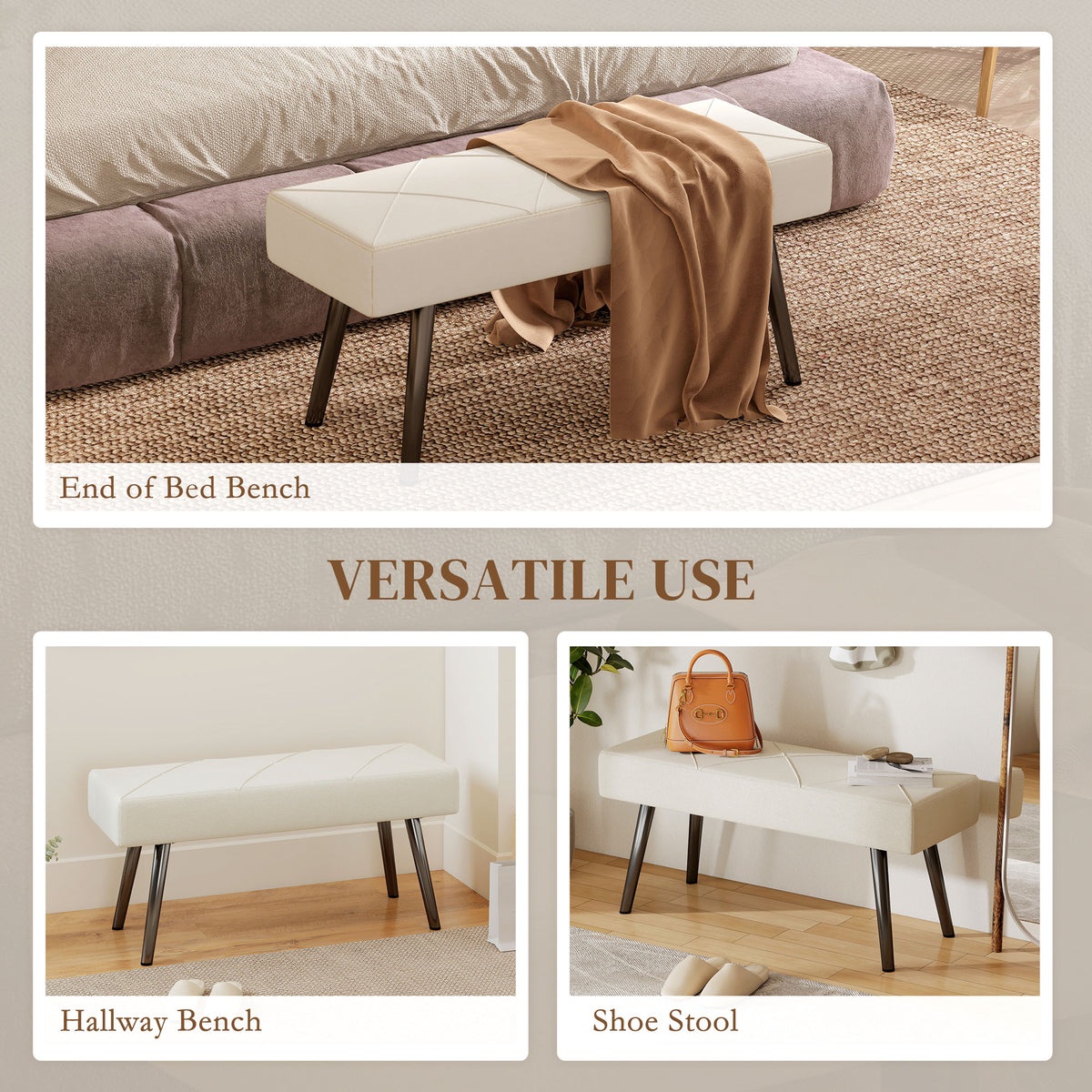 HOMCOM Upholstered Hallway Bench, End of Bed Bench with X-Shape Design and Steel Legs, Cream